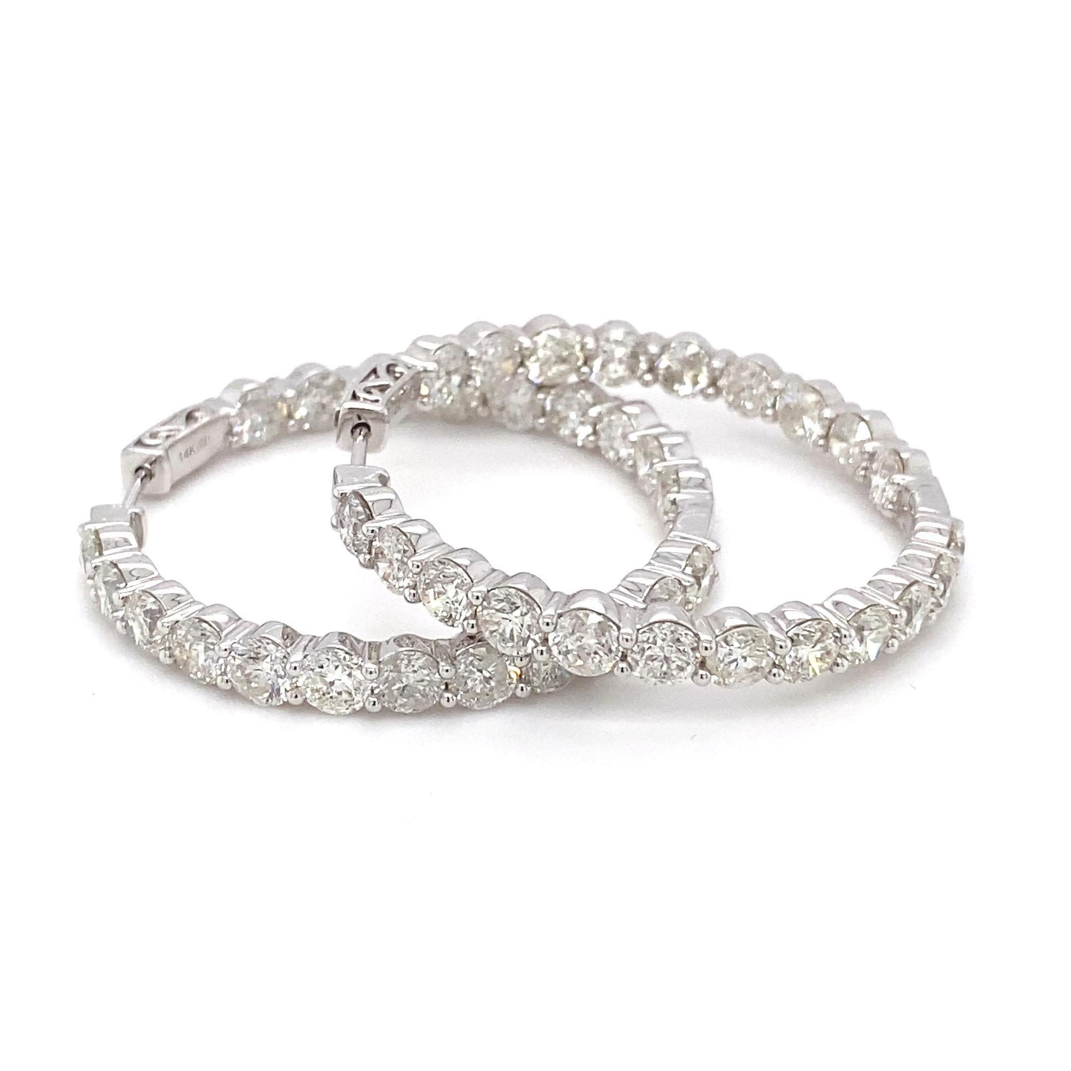 12.88 Carat White Diamond White Gold Hoop Earrings For Sale 1