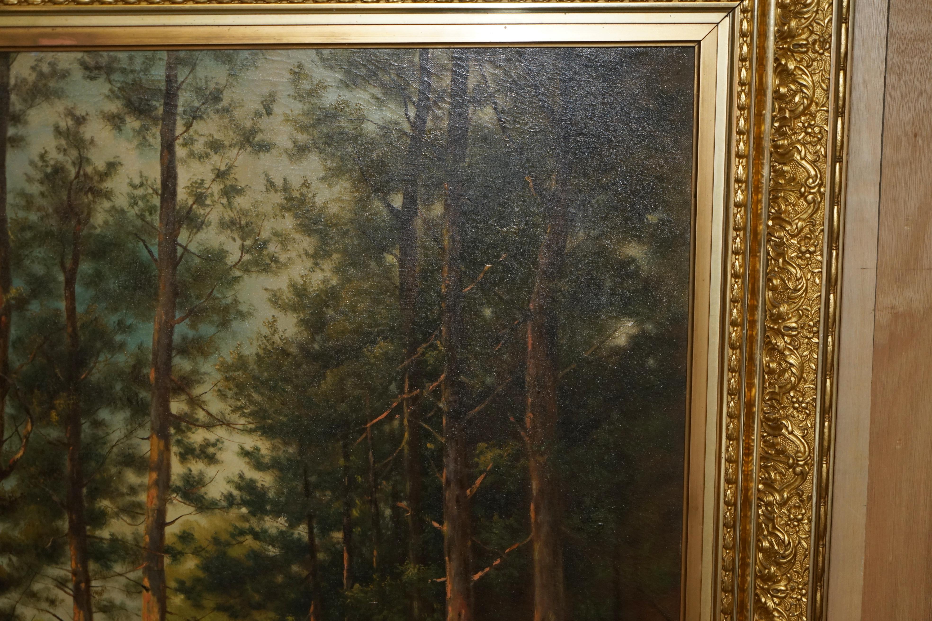 128CM TALL CONTINENTAL PAINTiNG OF A FOREST, MOTHER & DAUGHTER METAL GILT FRAME For Sale 3
