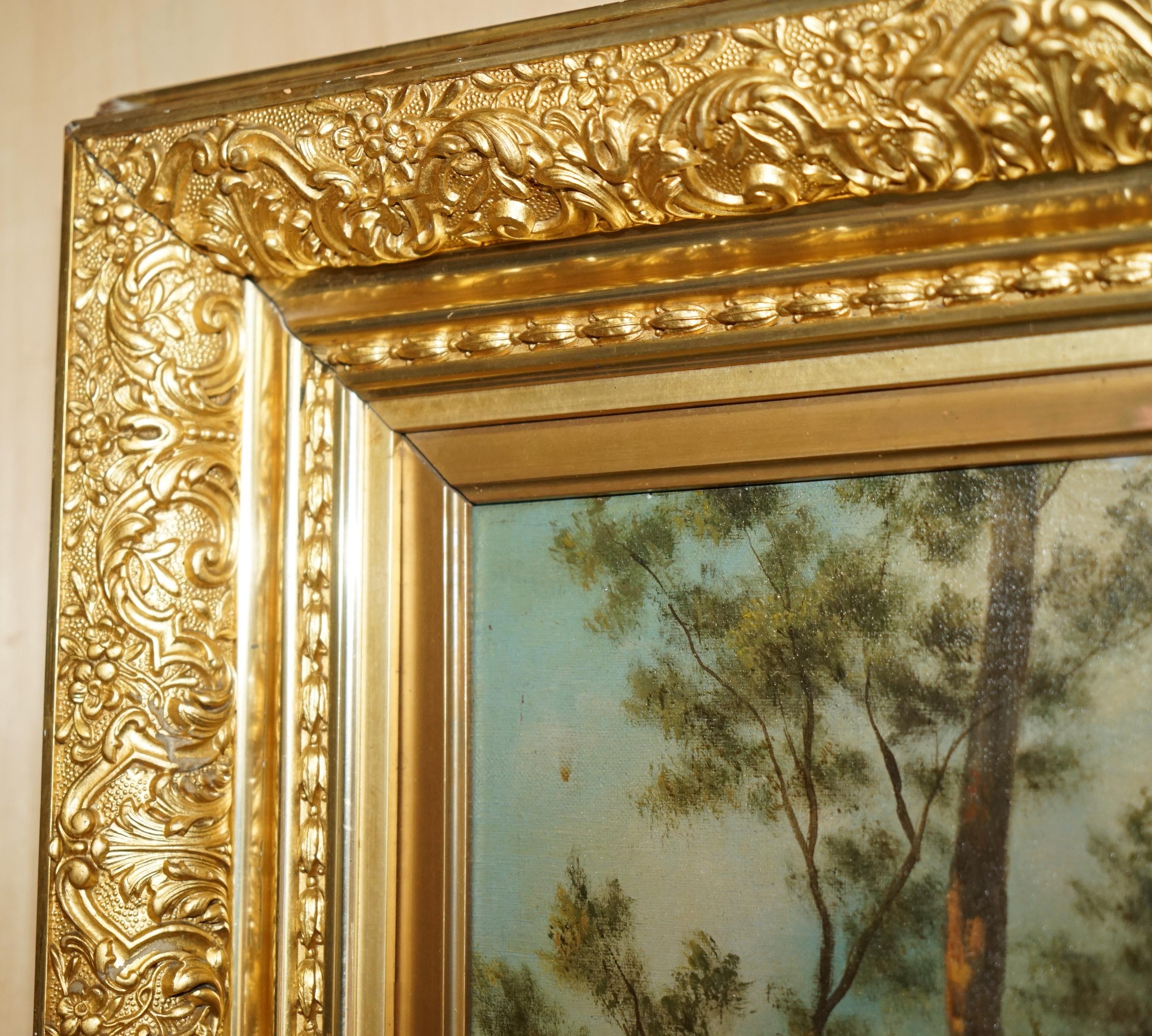 128CM TALL CONTINENTAL PAINTiNG OF A FOREST, MOTHER & DAUGHTER METAL GILT FRAME For Sale 6