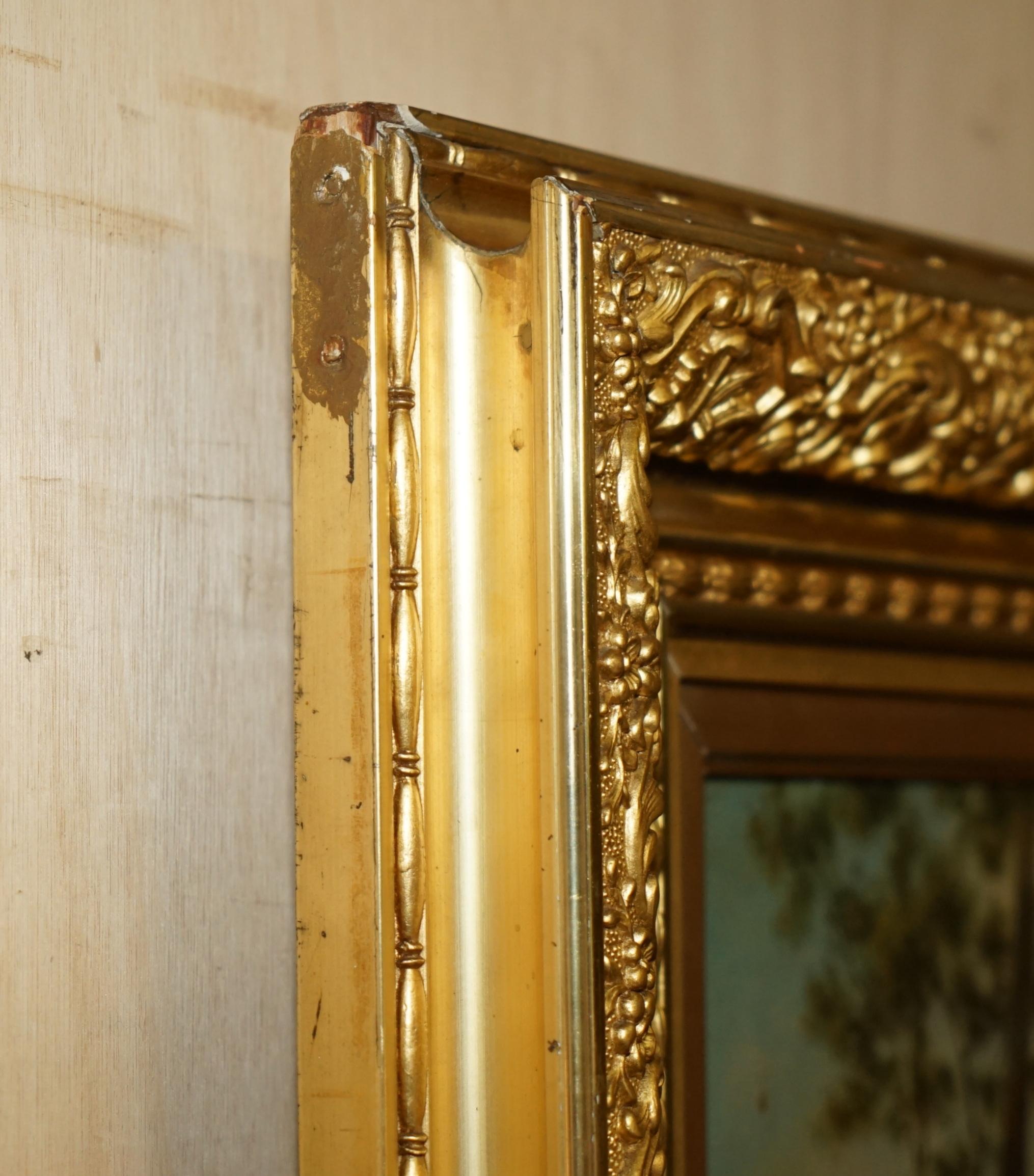 128CM TALL CONTINENTAL PAINTiNG OF A FOREST, MOTHER & DAUGHTER METAL GILT FRAME For Sale 7