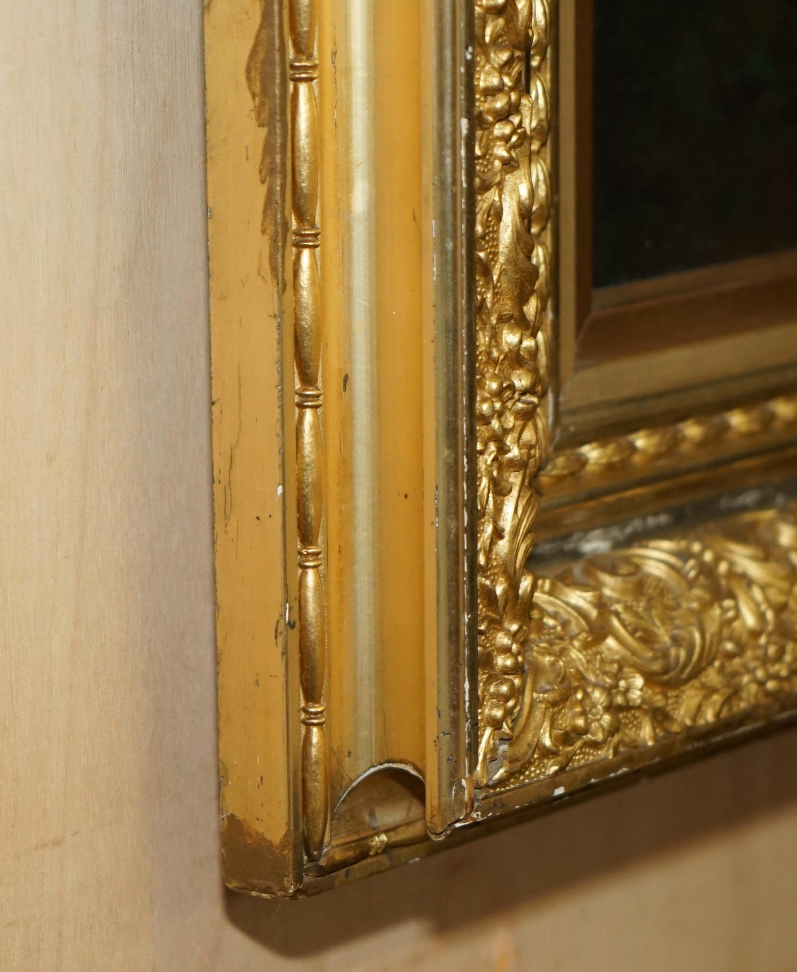 128CM TALL CONTINENTAL PAINTiNG OF A FOREST, MOTHER & DAUGHTER METAL GILT FRAME For Sale 8