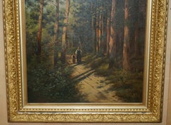 128CM-KLEID CONTINENTAL- PAINTiNG OF A FOREST, MOTHER & DAUGHTER METAL GILT FRAME
