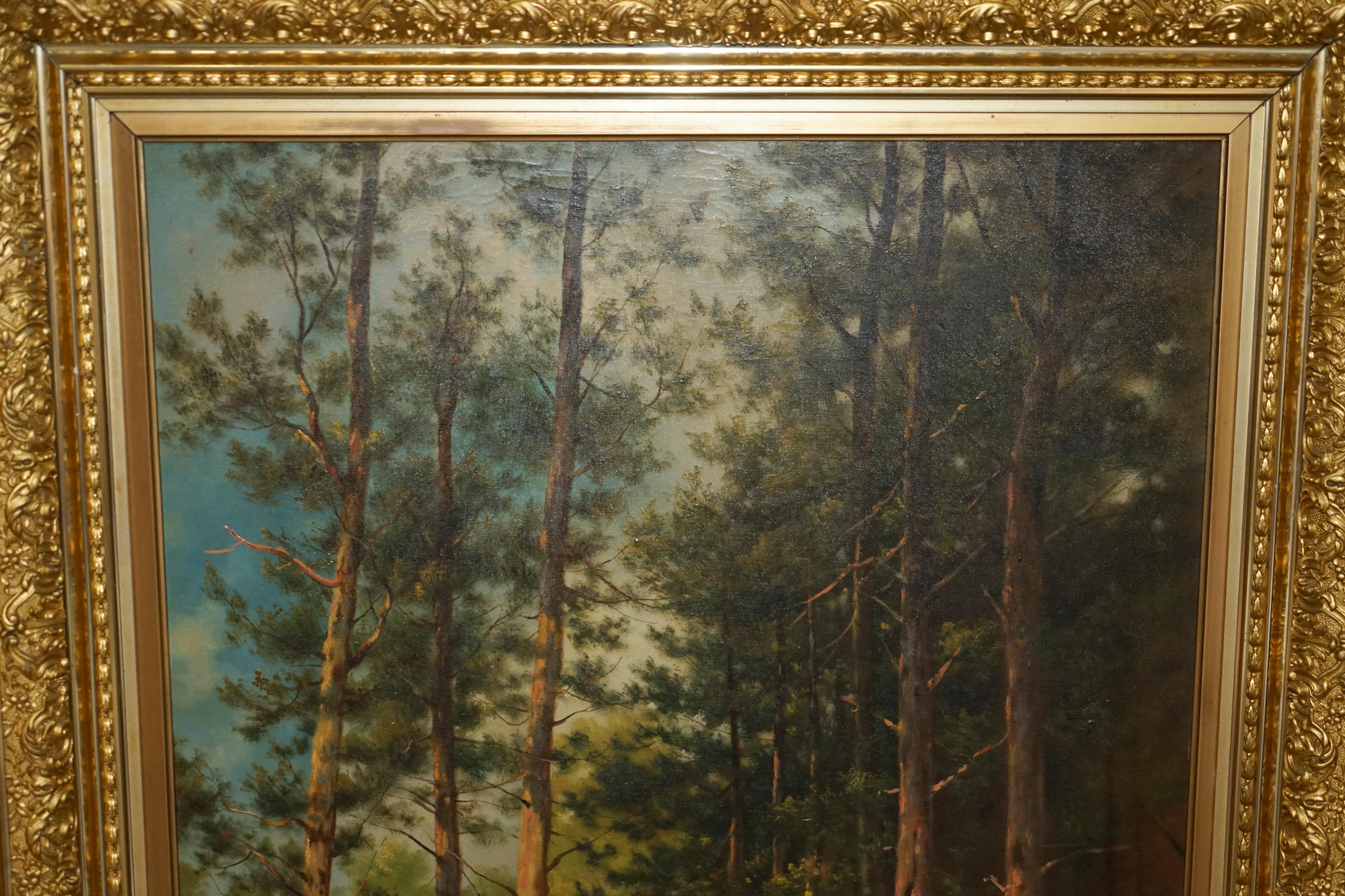 Early 20th Century 128CM TALL CONTINENTAL PAINTiNG OF A FOREST, MOTHER & DAUGHTER METAL GILT FRAME For Sale