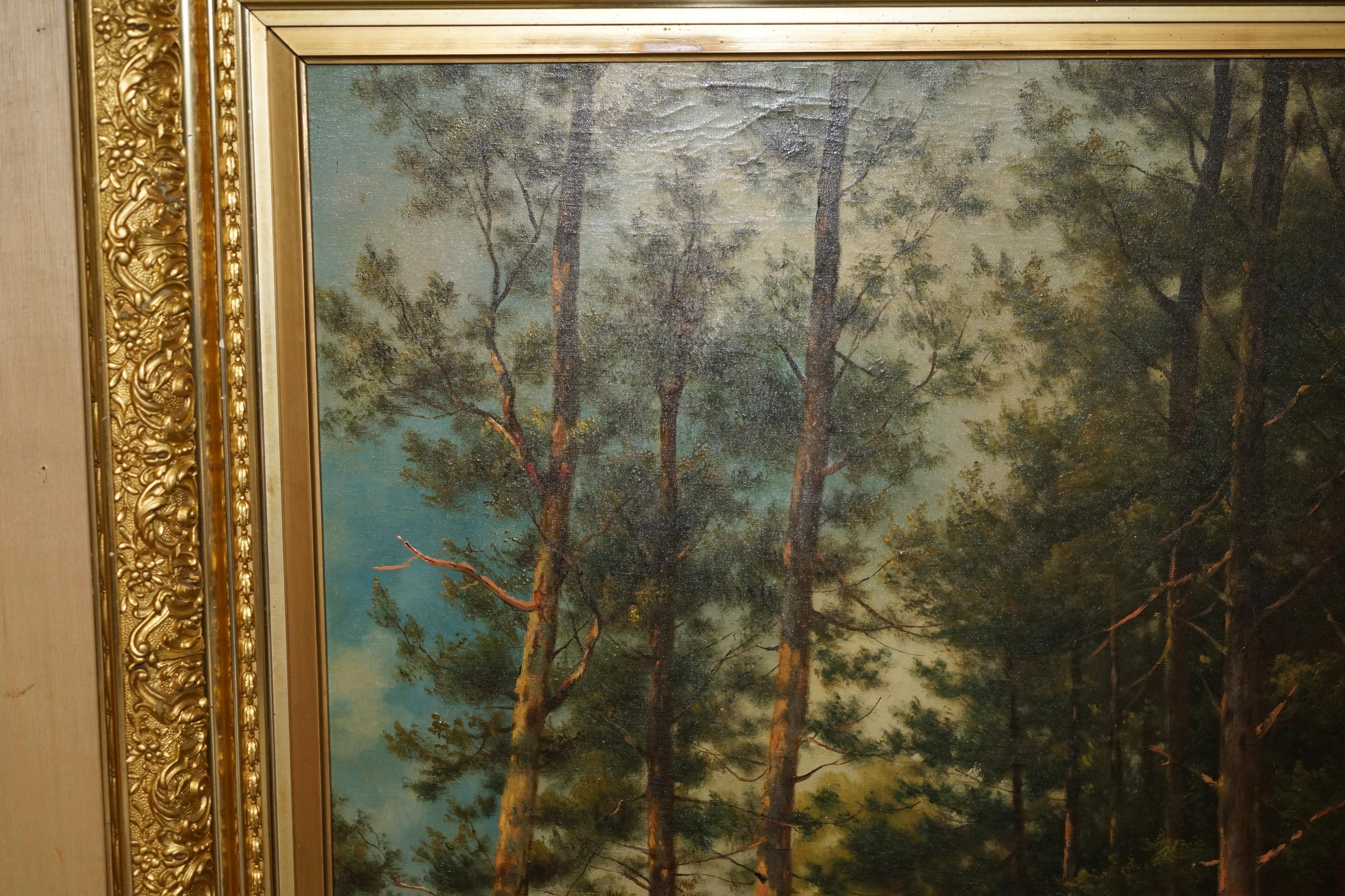 Canvas 128CM TALL CONTINENTAL PAINTiNG OF A FOREST, MOTHER & DAUGHTER METAL GILT FRAME For Sale
