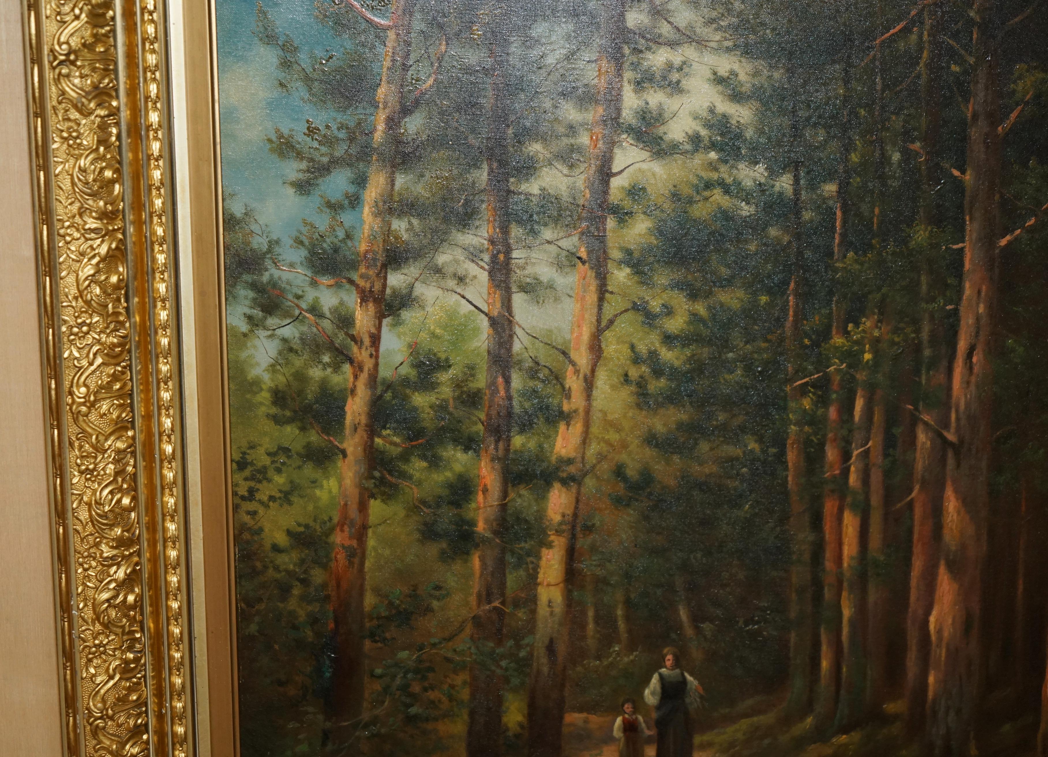 128CM TALL CONTINENTAL PAINTiNG OF A FOREST, MOTHER & DAUGHTER METAL GILT FRAME For Sale 1