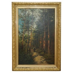 128CM TALL CONTINENTAL PAINTiNG OF A FOREST, MOTHER & DAUGHTER METAL GILT FRAME