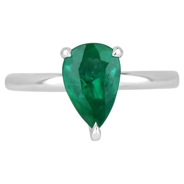 1.28ct 18K Pear Cut Emerald Solitaire Ring - Deep Green Prong Set White Gold