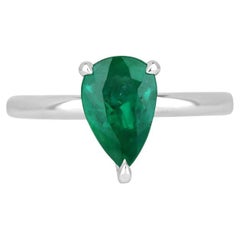 Anello solitario con smeraldo taglio pera da 1,28 carati - Oro bianco verde intenso con incastonatura a forchetta