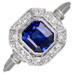 Asscher Cut Sapphire and Diamond Halo Ring (Approx. 1.20-Carats), Platinum