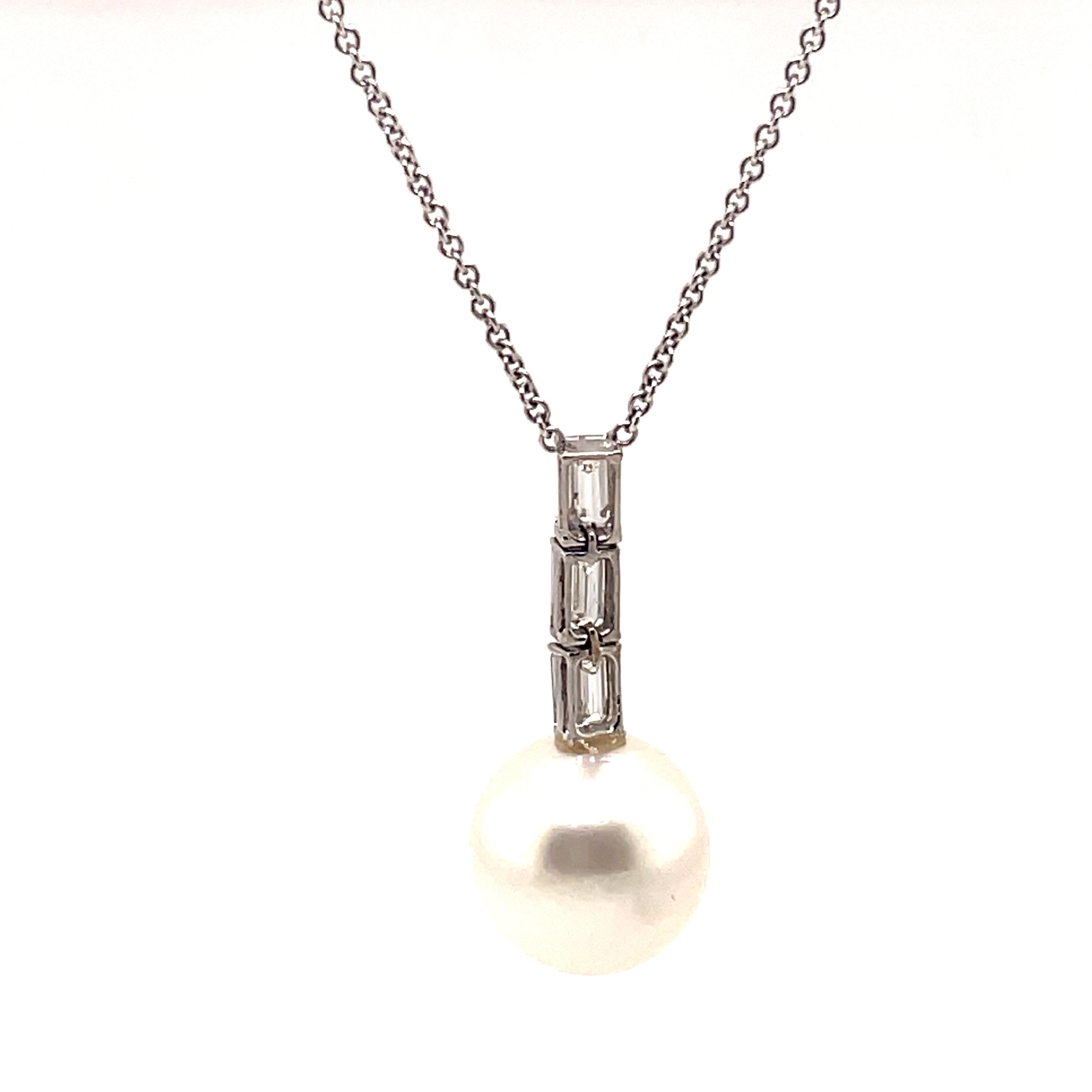 Baguette Cut 1.28ct Baguette Diamond with Pearl Pendant Necklace 18k White Gold For Sale