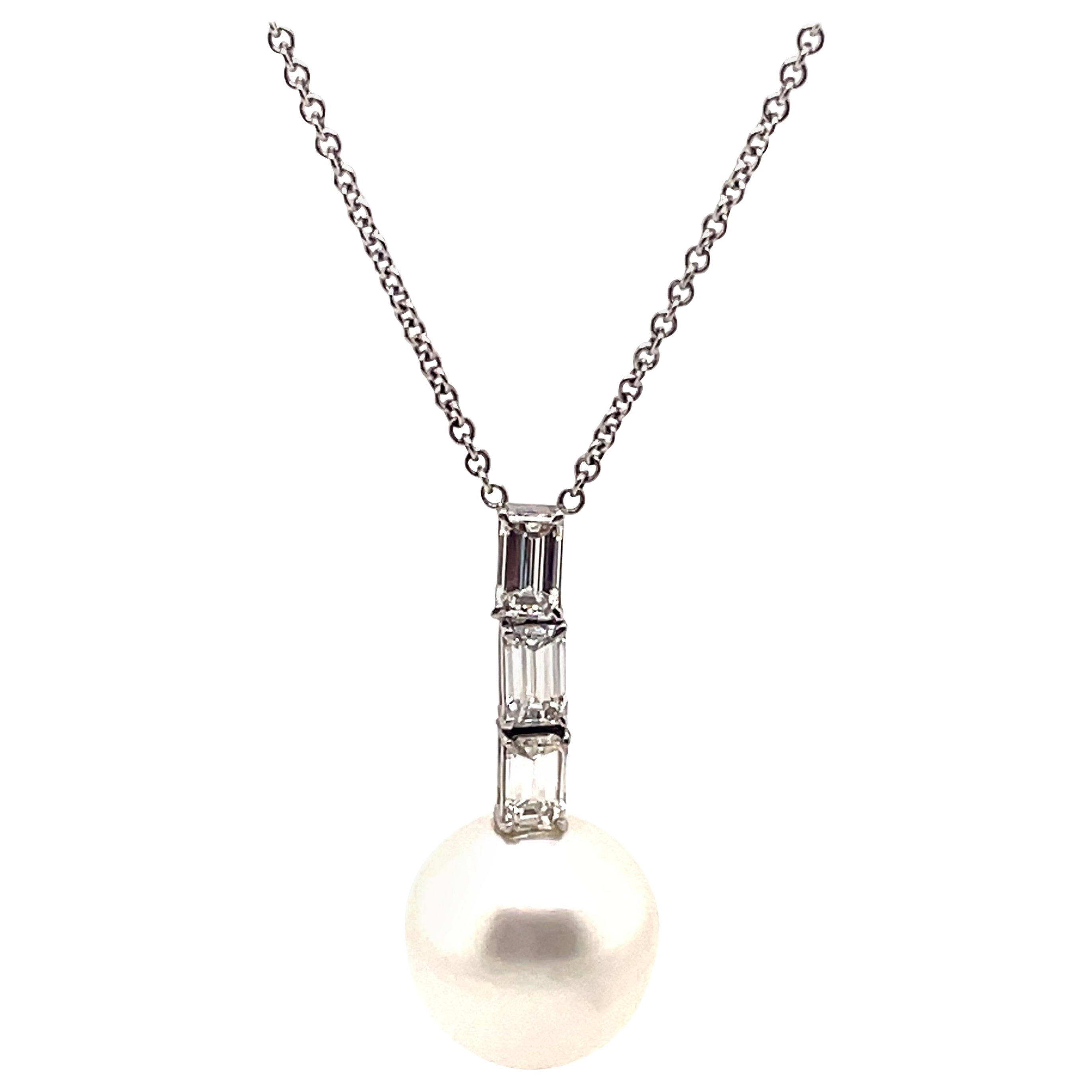 1.28ct Baguette Diamond with Pearl Pendant Necklace 18k White Gold For Sale