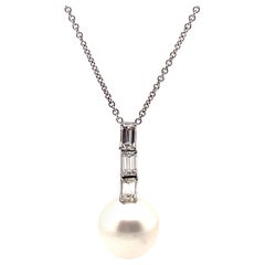1.28ct Baguette Diamond with Pearl Pendant Necklace 18k White Gold