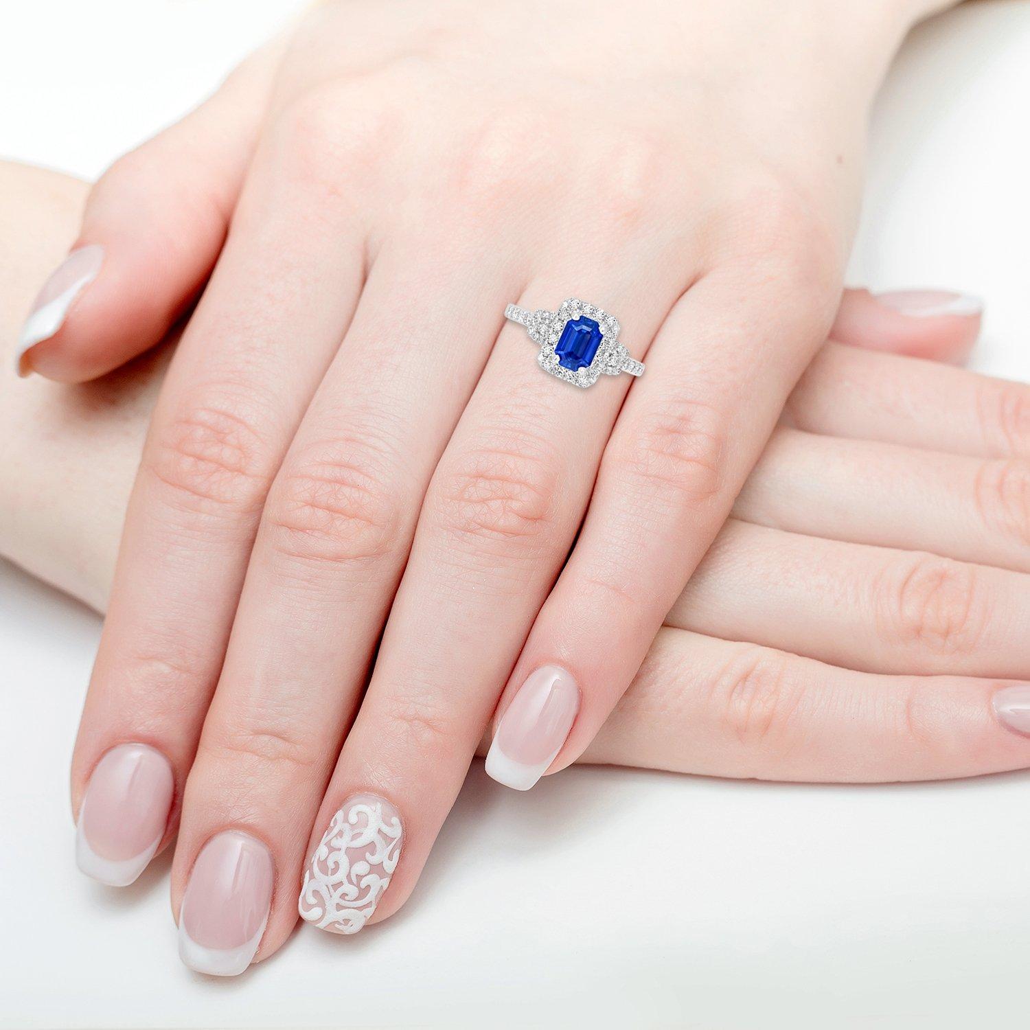 Emerald Cut 1.28ct Blue Sapphire Rings with 0.54Tct Diamond Set in 14K White Gold For Sale