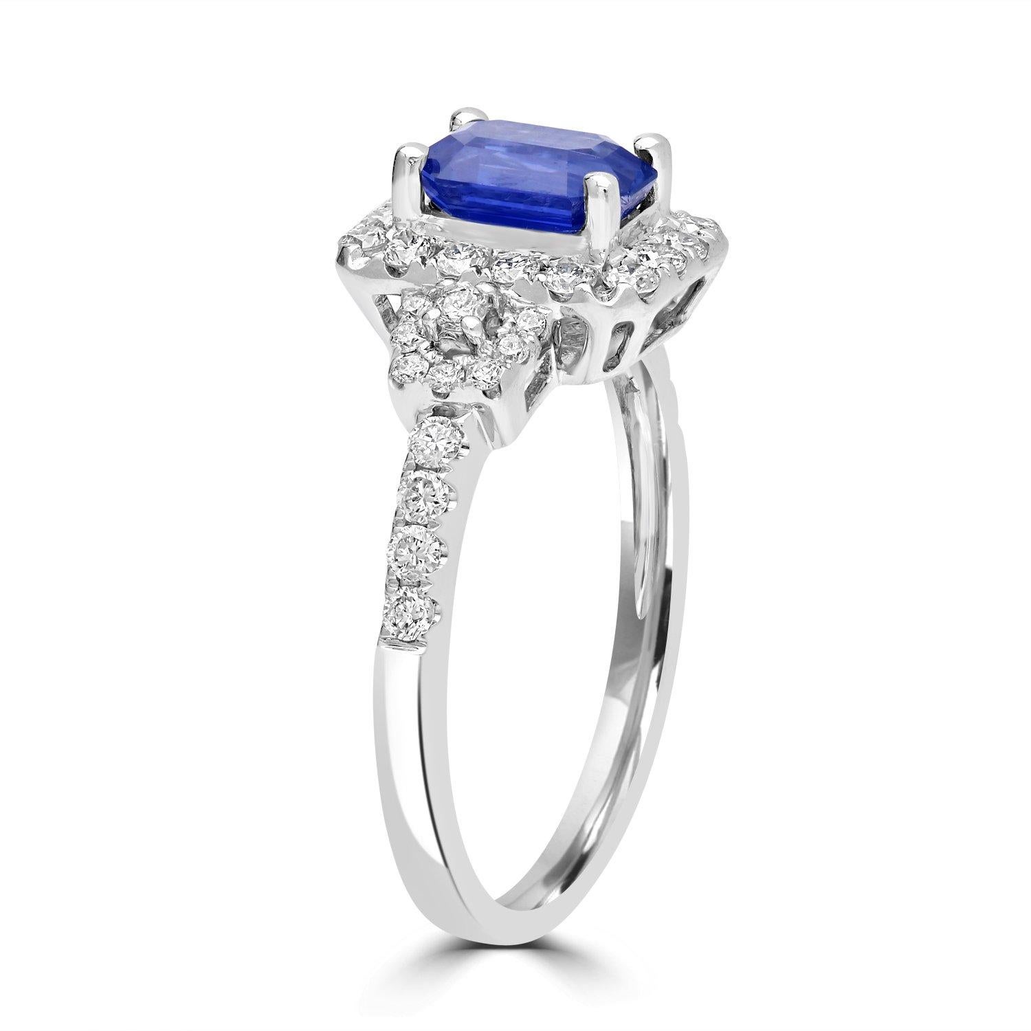 Women's 1.28ct Blue Sapphire Rings with 0.54Tct Diamond Set in 14K White Gold For Sale