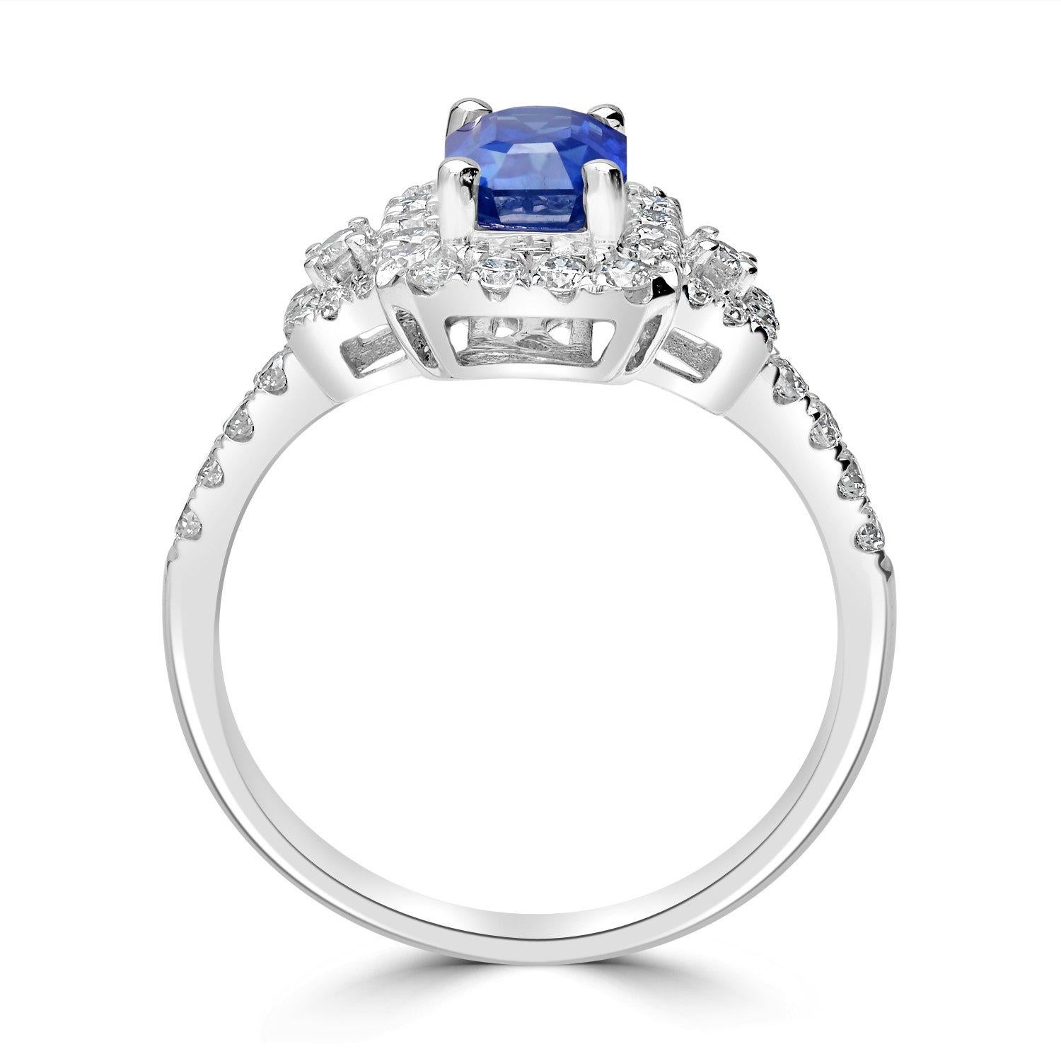 1.28ct Blue Sapphire Rings with 0.54Tct Diamond Set in 14K White Gold For Sale 1