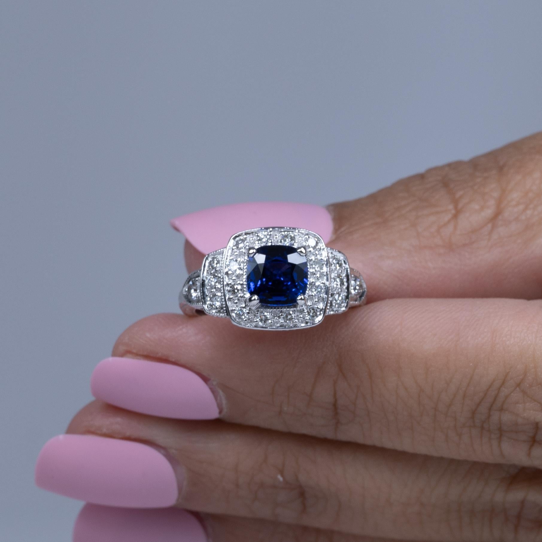 1.28ct GIA Cushion Cut Ceylon Blue Sapphire Vintage Style 14k White Gold Ring 6