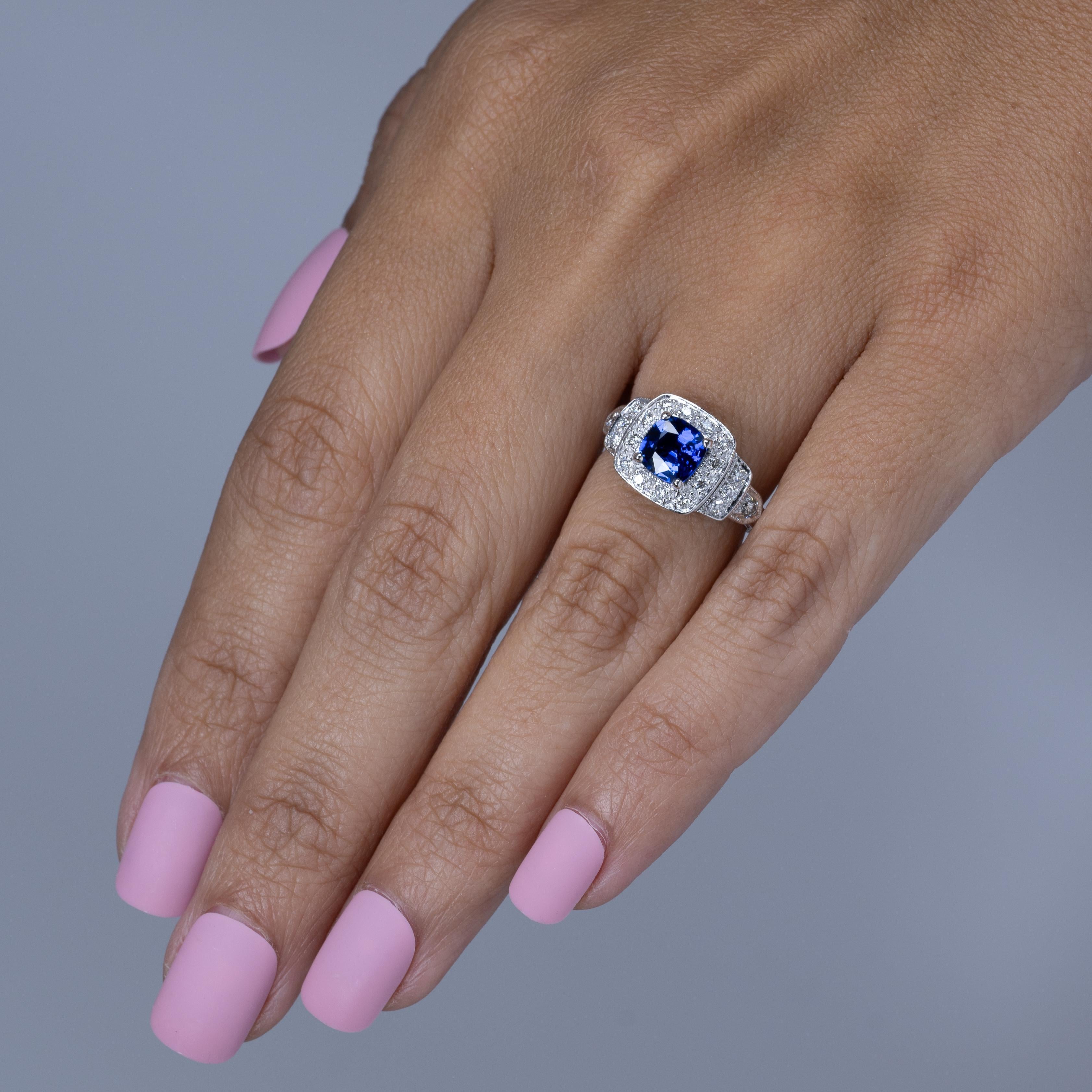 1.28ct GIA Cushion Cut Ceylon Blue Sapphire Vintage Style 14k White Gold Ring 7