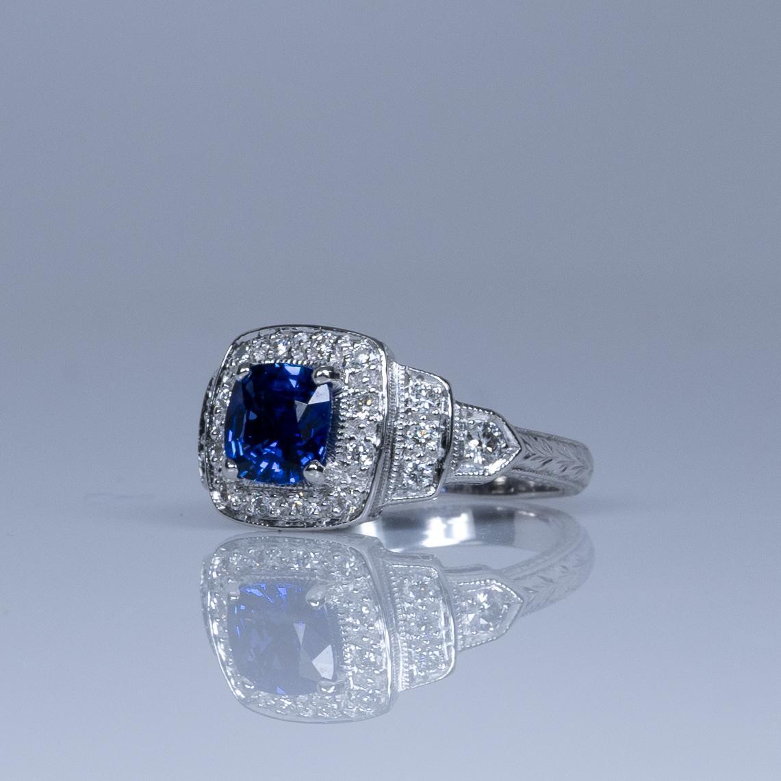 1.28ct GIA Cushion Cut Ceylon Blue Sapphire Vintage Style 14k White Gold Ring In Excellent Condition In Addison, TX
