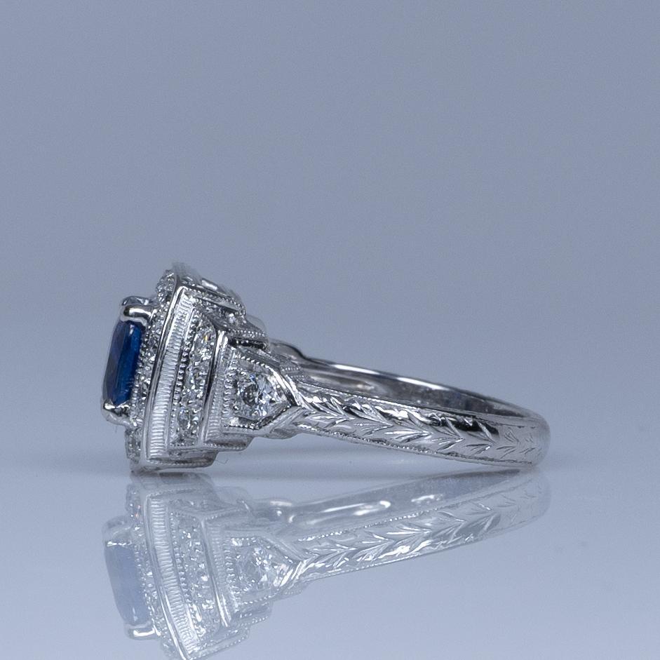 Women's 1.28ct GIA Cushion Cut Ceylon Blue Sapphire Vintage Style 14k White Gold Ring