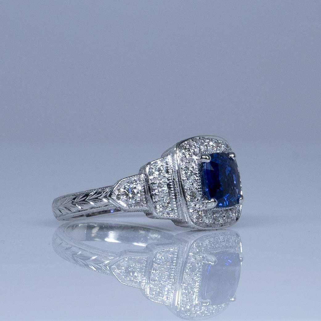 1.28ct GIA Cushion Cut Ceylon Blue Sapphire Vintage Style 14k White Gold Ring 2