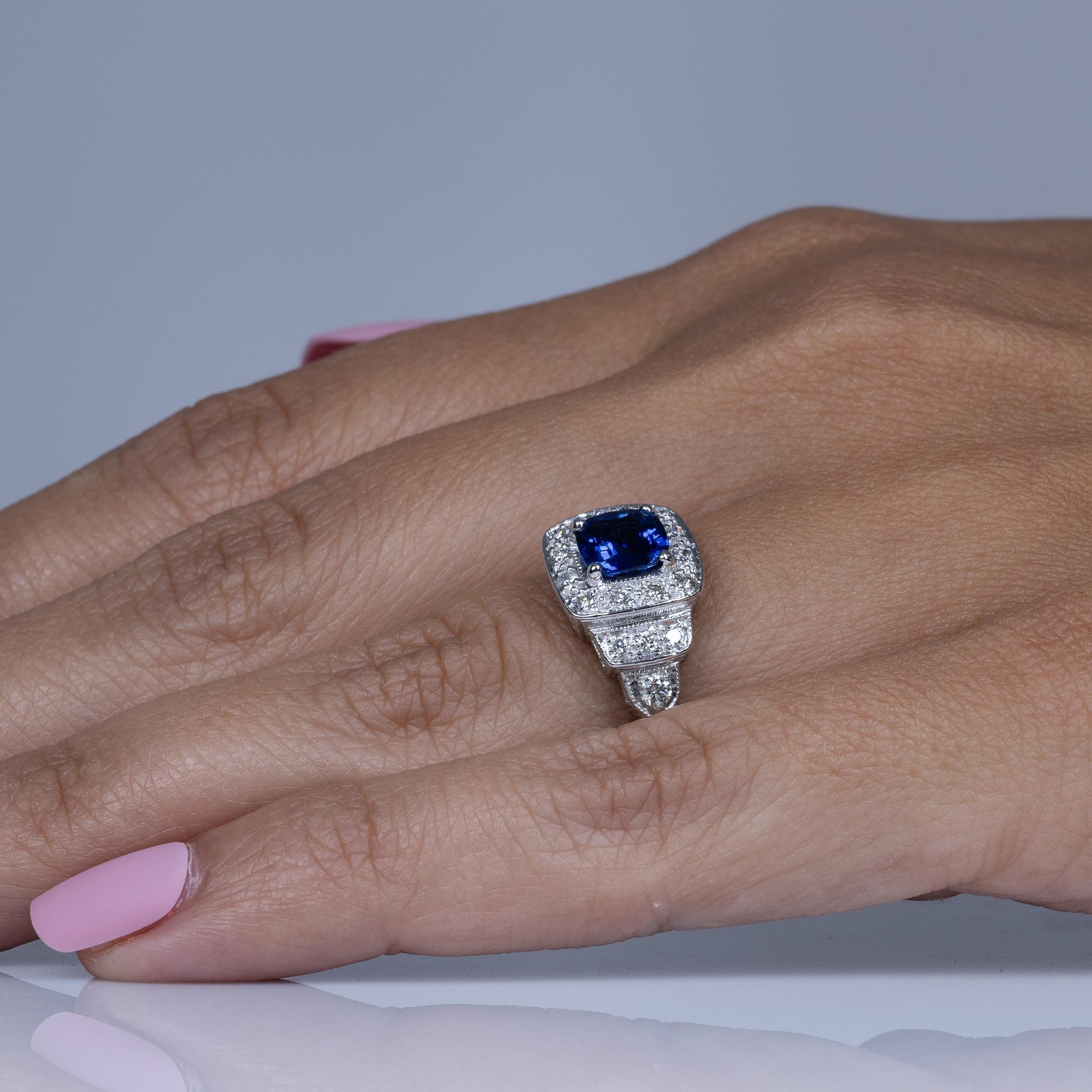 1.28ct GIA Cushion Cut Ceylon Blue Sapphire Vintage Style 14k White Gold Ring 5