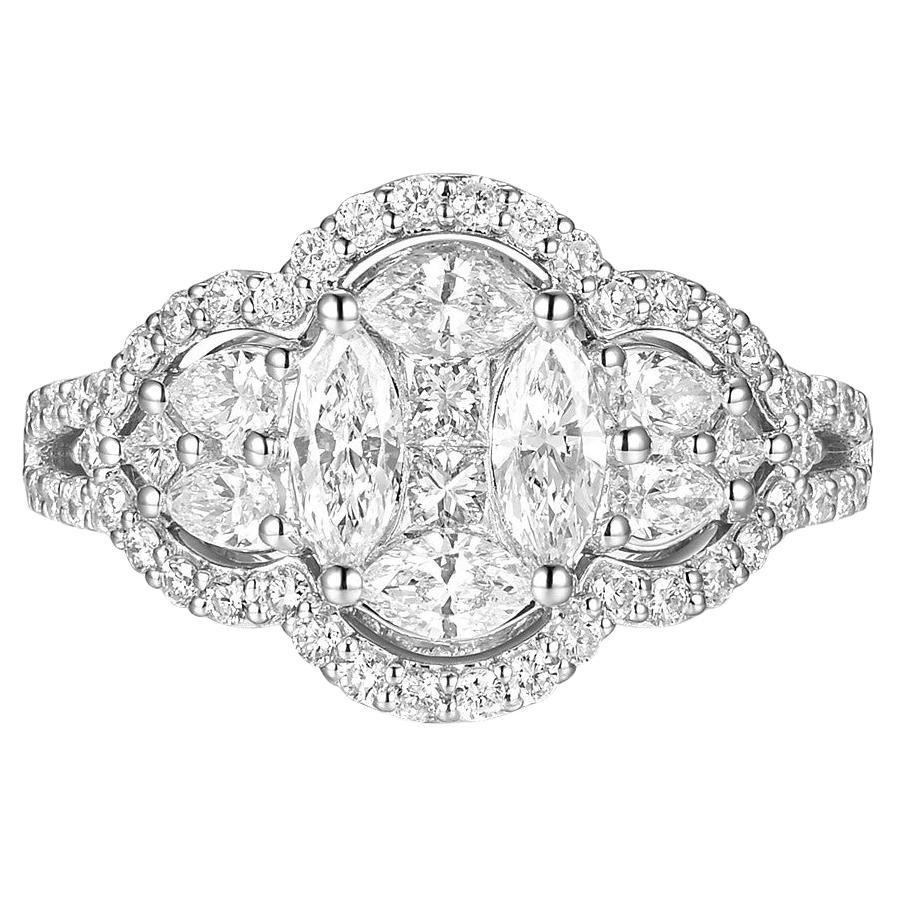 Bague en or blanc 18 carats avec illusion de diamants de forme ovale de 1,28 carat en vente