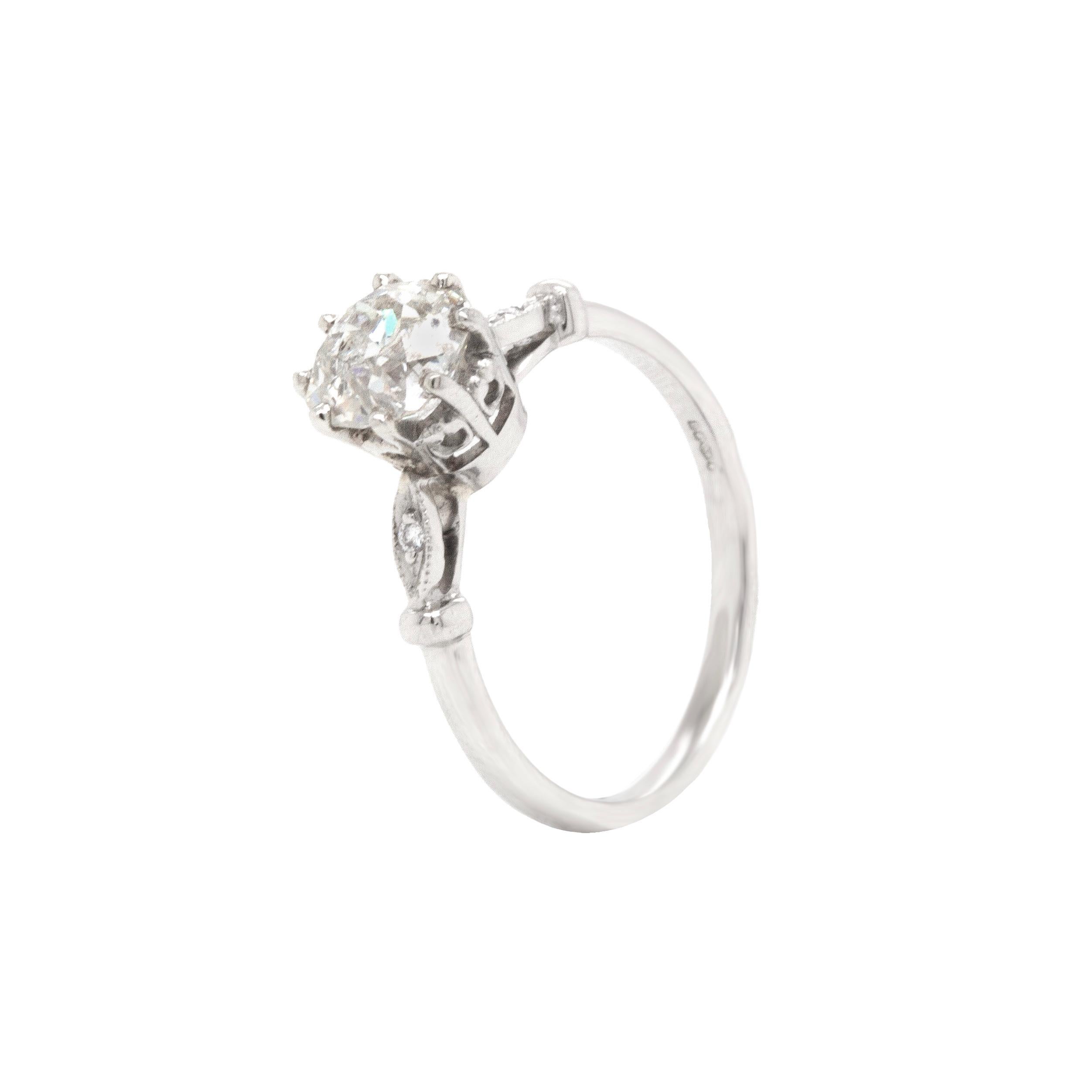 Women's 1.28ct Old Mine Cut Diamond Platinum Engagement Ring For Sale