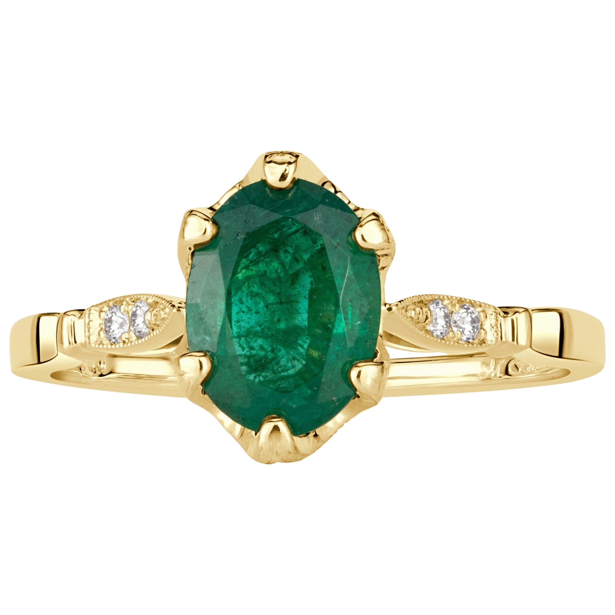 1.28ct Oval Cut Green Emerald Engagement Ring For Sale