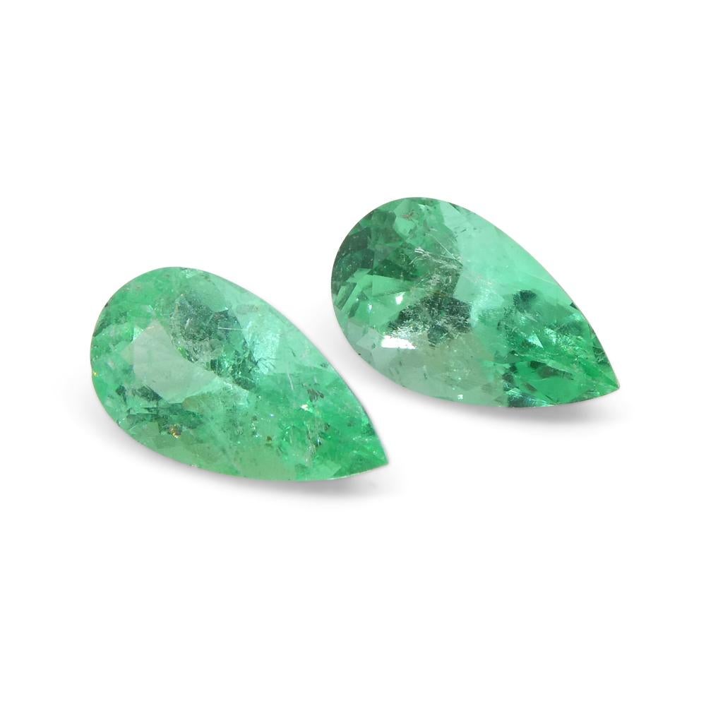 1.28ct Pair Pear Green Emerald from Colombia For Sale 3