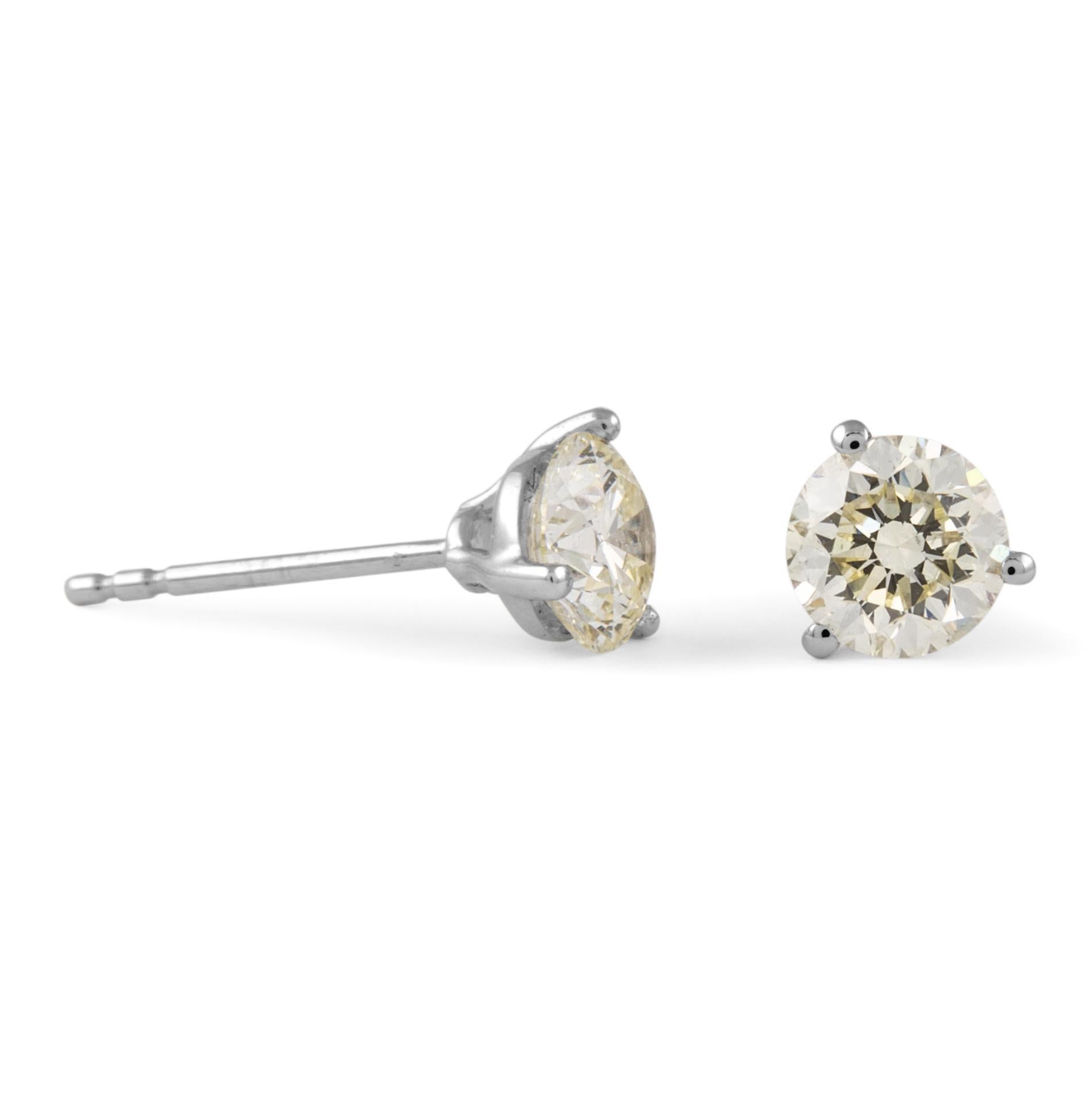 Contemporary 1.28ct Round Diamond Stud Earrings 18k White Gold For Sale