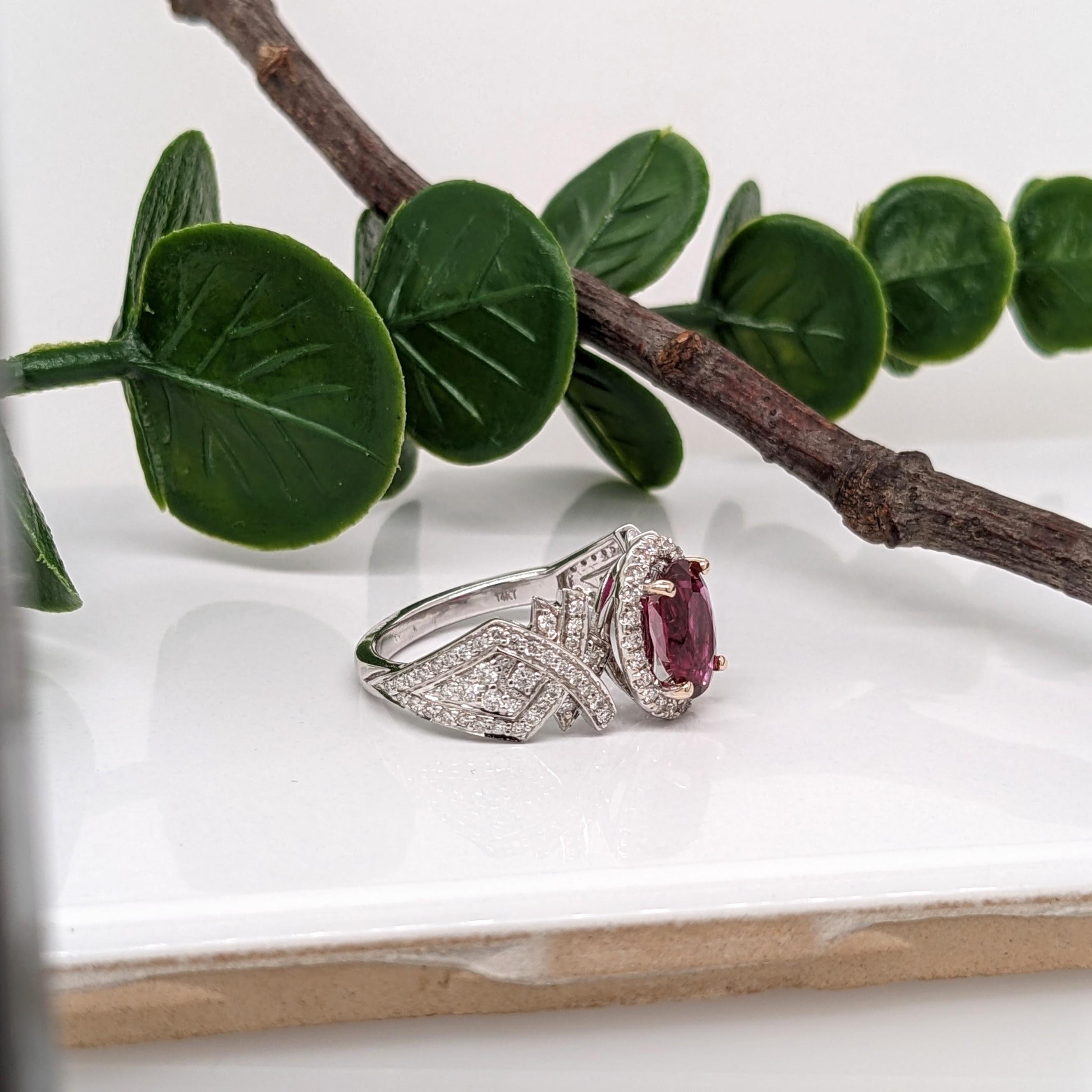 Oval Cut 1.28ct Rubellite Tourmaline Ring w Diamond Halo in 14K White Gold Oval 9x6mm