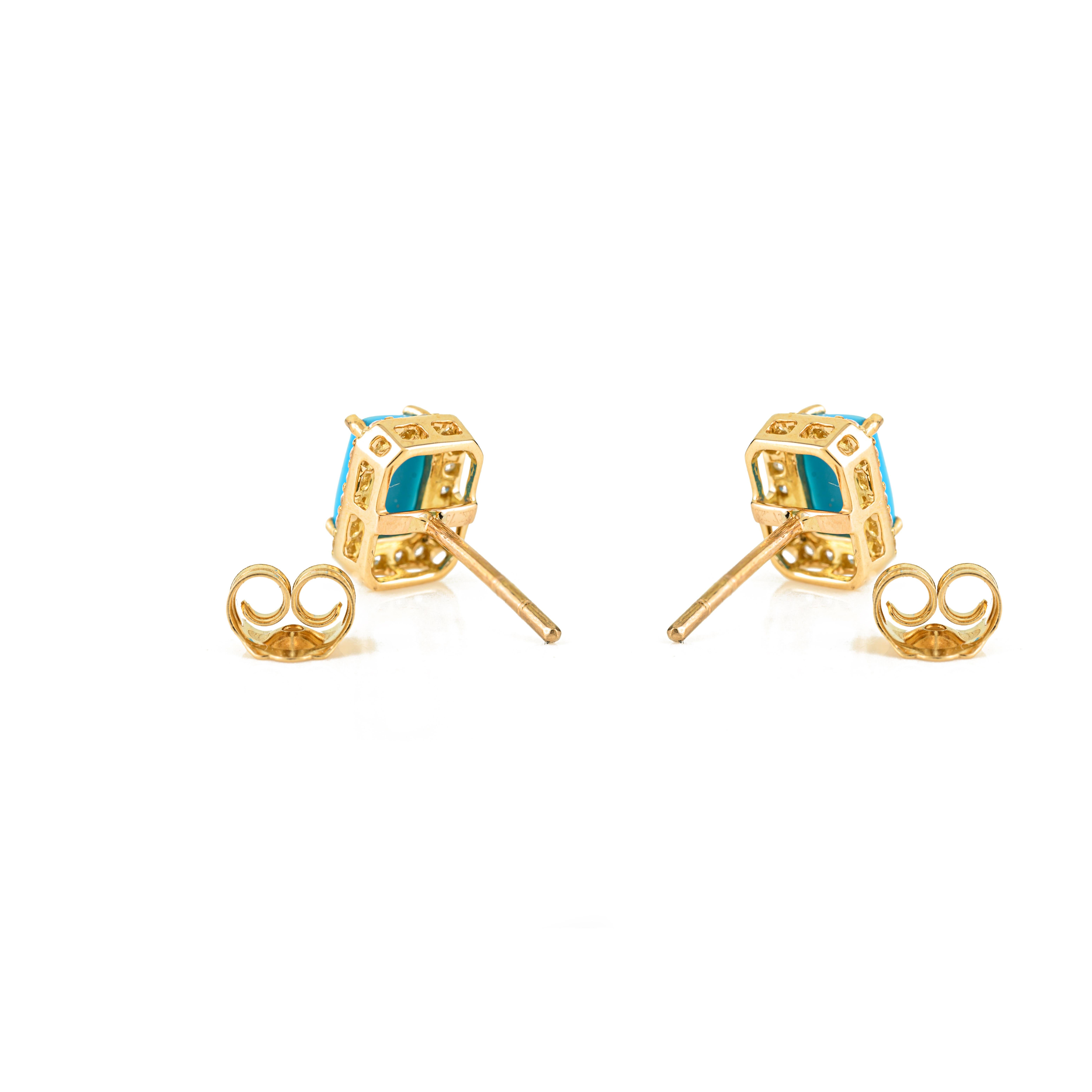 Art Déco Orecchini a perno con cabochon di turchese e diamanti da 1,28 carati in oro giallo massiccio 18 carati in vendita