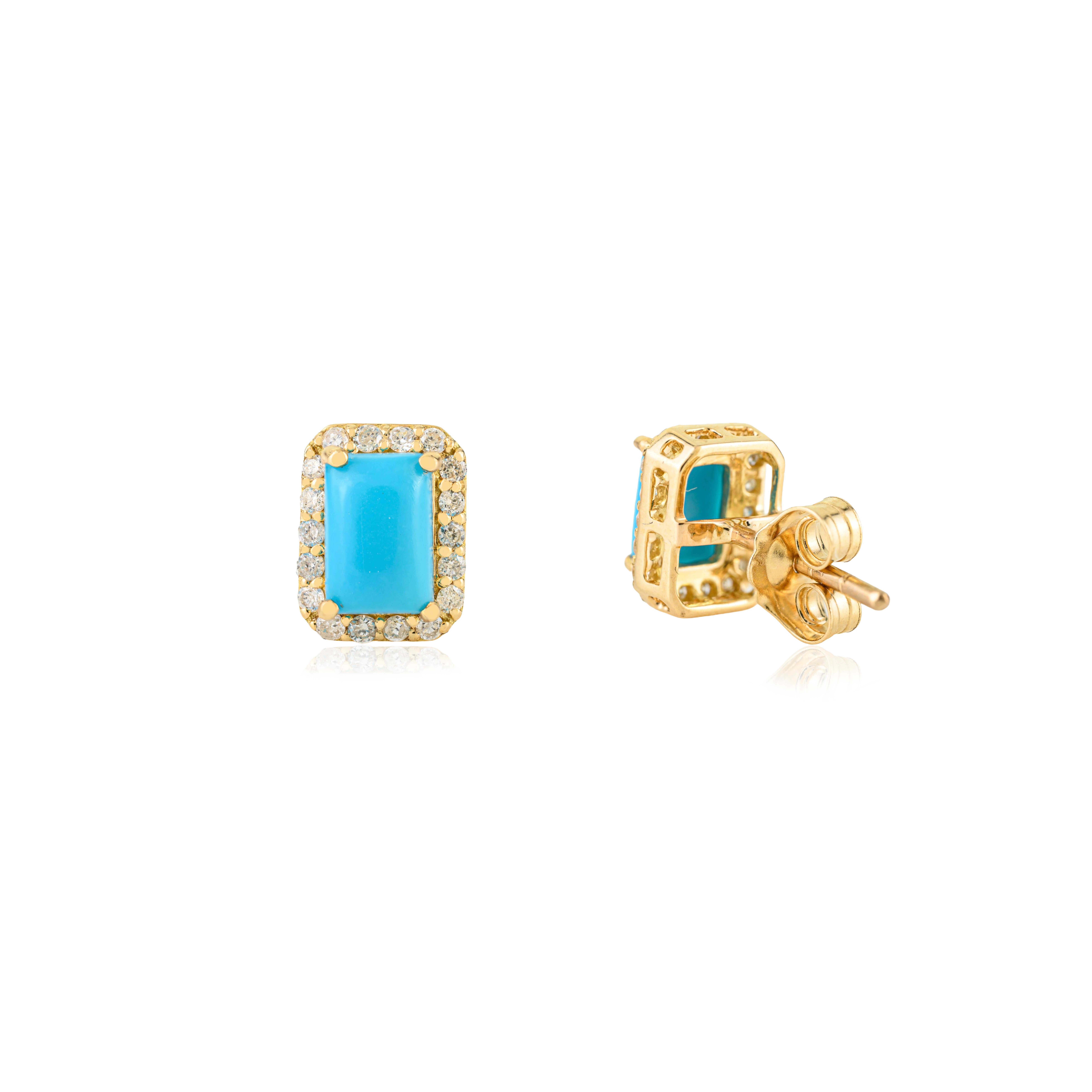 Orecchini a perno con cabochon di turchese e diamanti da 1,28 carati in oro giallo massiccio 18 carati In condizioni Nuovo in vendita a New York, NY