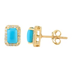 1,28 Karat Türkis Cabochon & Diamant Halo Ohrstecker in 18K massivem Gelbgold