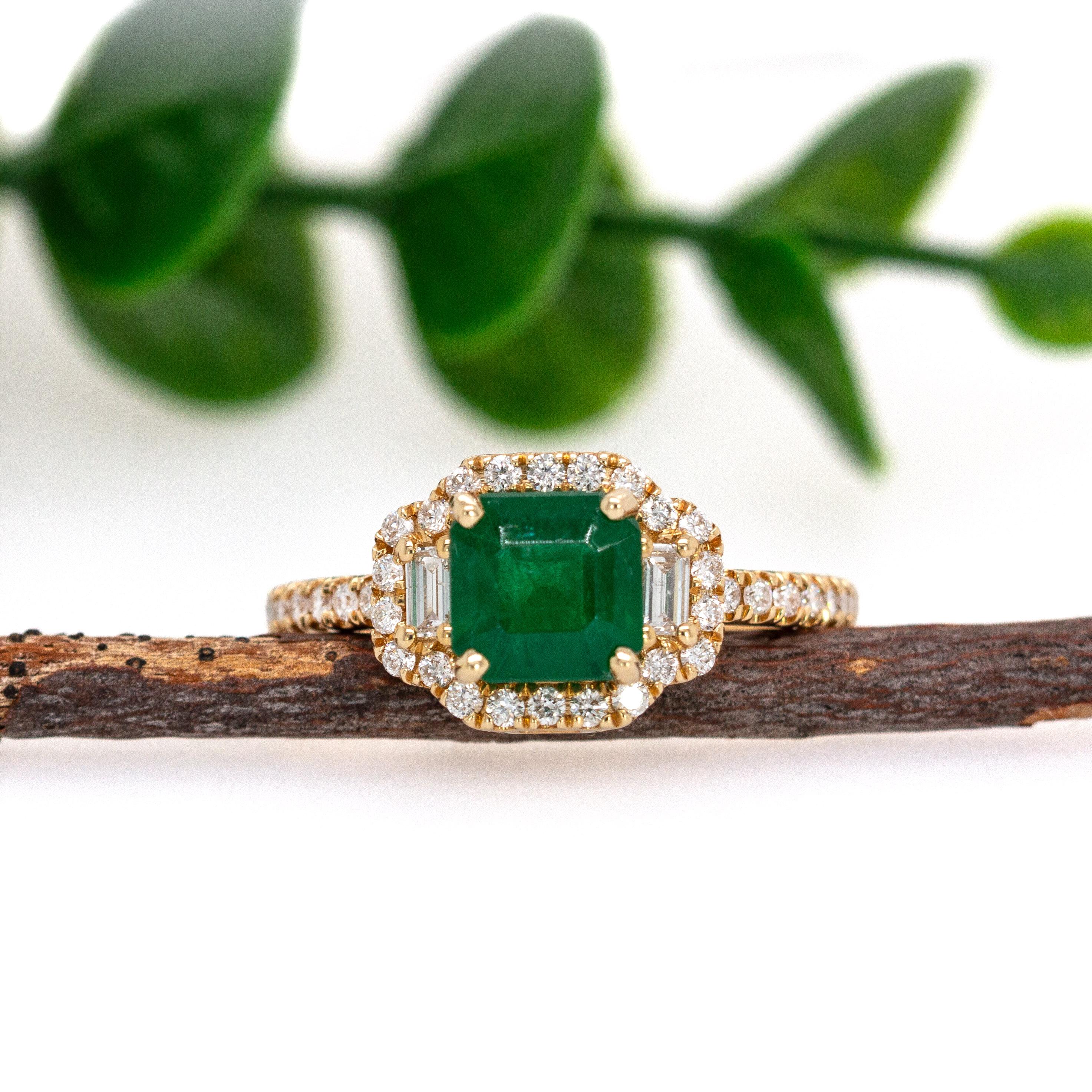 Art Deco 1.28cts Emerald Diamond Engagement Ring in 14K Gold  Emerald Cut 6.5mm For Sale