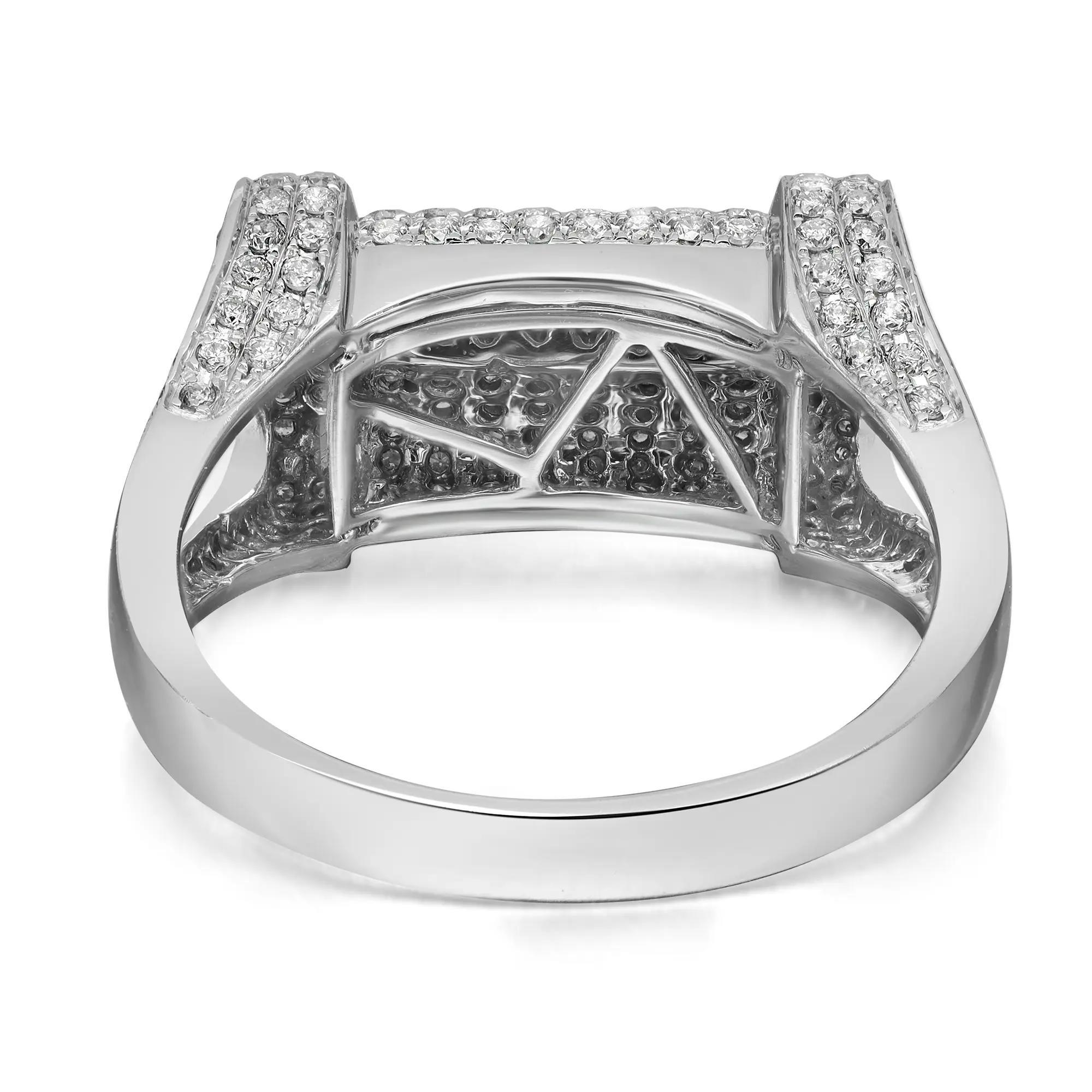 Speak of the bold and beautiful design of this 14k white gold diamond ring band. It features round brilliant cut diamonds encrusted in pave setting. Total diamond weight: 1.28 carat. Diamond quality: I color and SI clarity. Ring size: 10. Total