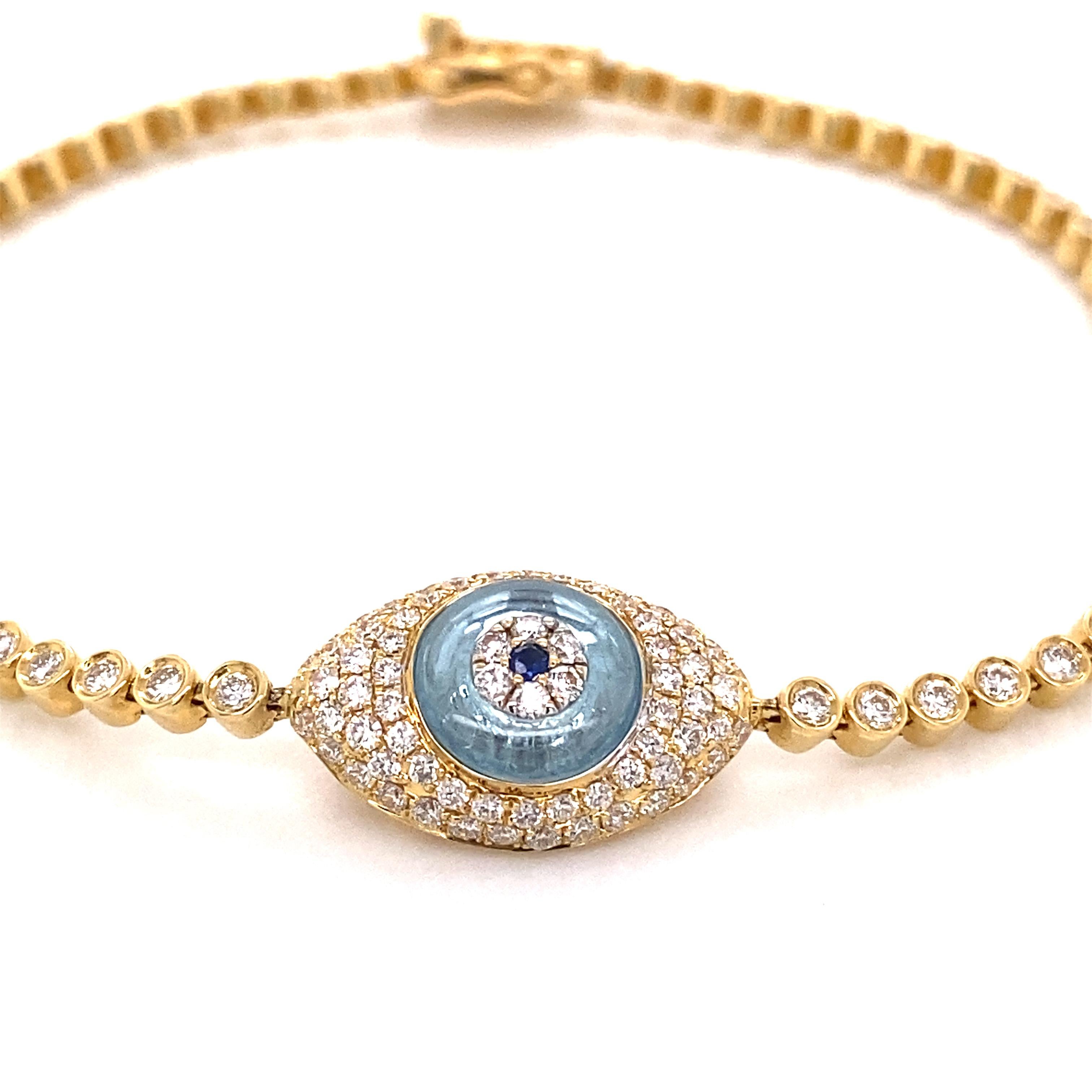 Round Cut 1.28ctw Diamond 18k Yellow Gold & Sapphire Evil Eye Bracelet