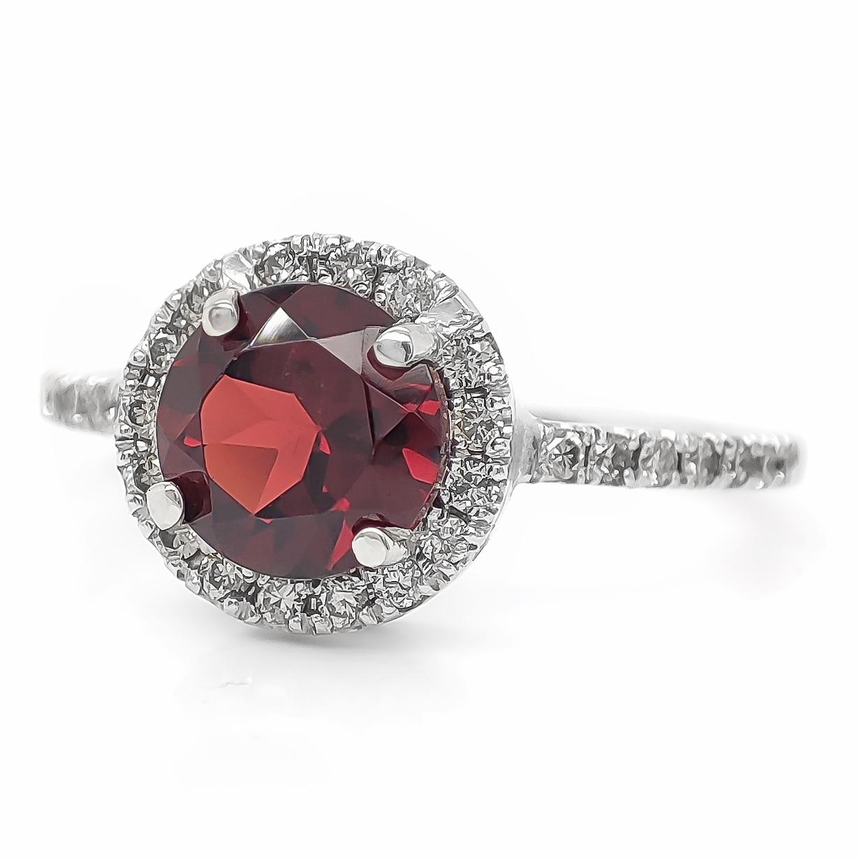Round Cut NO RESERVE 1.28CTW Garnet and Diamond Engagement Ring 14K White Gold For Sale