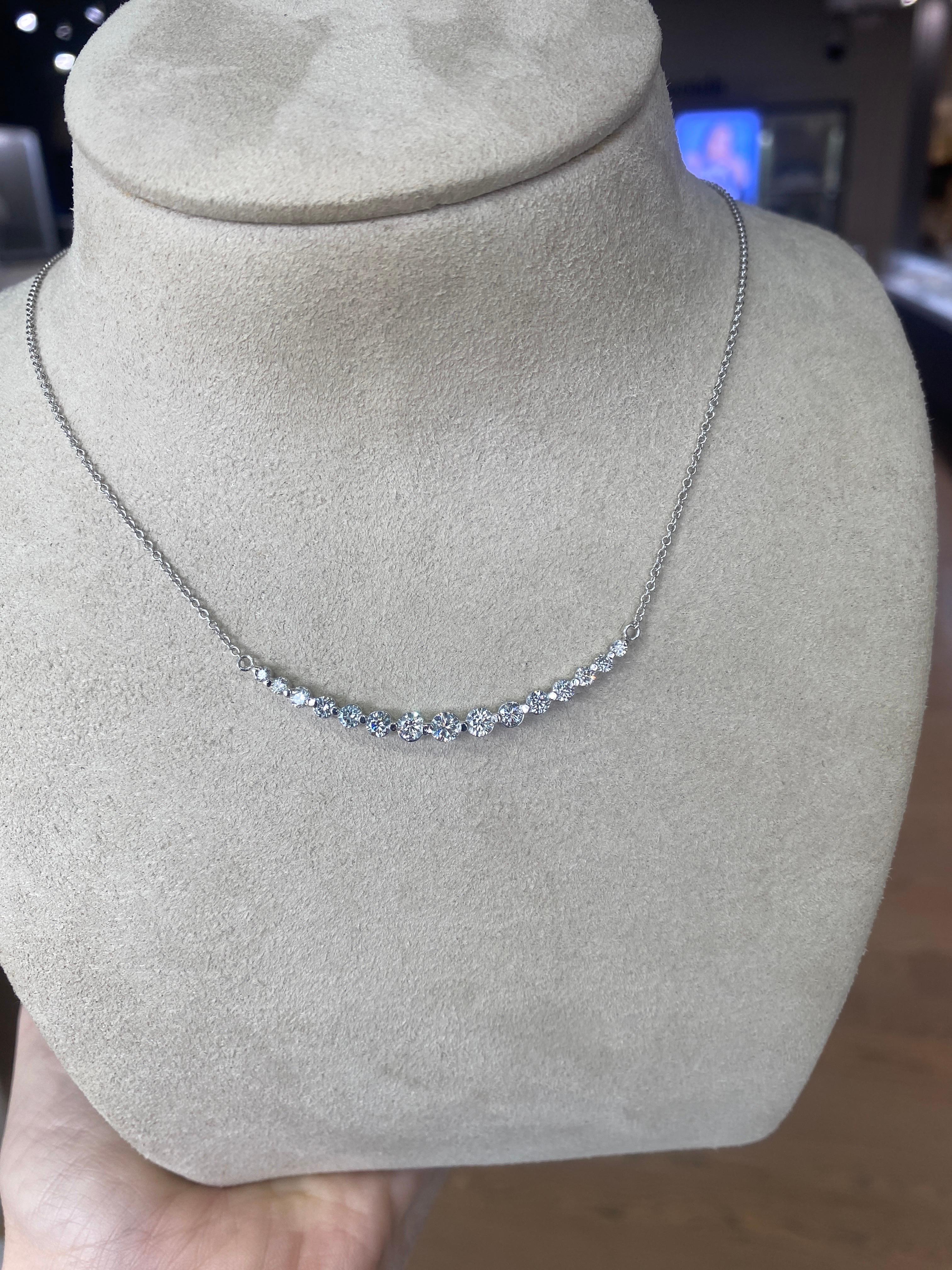 1.28ctw Graduated Natural Round Diamond Necklace, 18k White Gold  For Sale 1