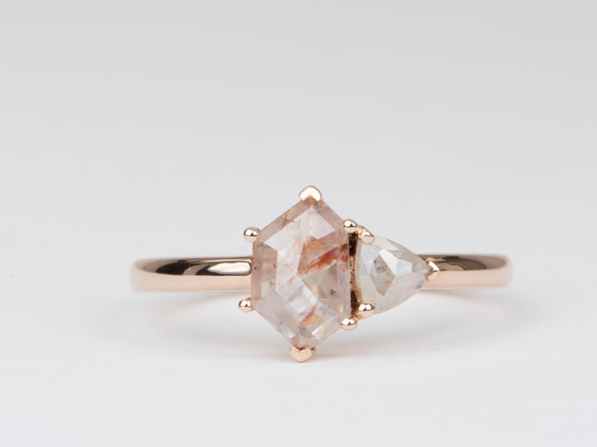 ♥ Solid 14K rose gold ring set with two gorgeous translucent rose cut diamonds
♥ This larger hexagon diamond has excellent transparency with some light coral/orange color inclusions, reminding us of the koi fish in a koi pond, thus we termed this