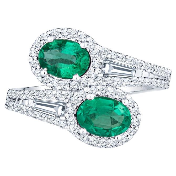 1.28ctw Oval Cut Natural Emeralds & 0.88ctw Diamonds 14k White Gold Bypass Ring For Sale