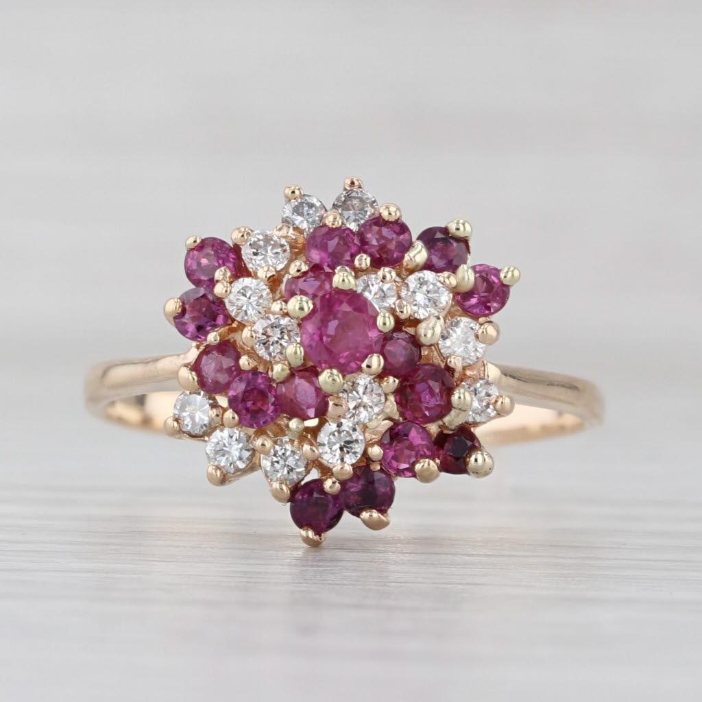 1.28ctw Ruby Diamond Swirl Cluster Ring 14k Yellow Gold Size 10 Bon état - En vente à McLeansville, NC