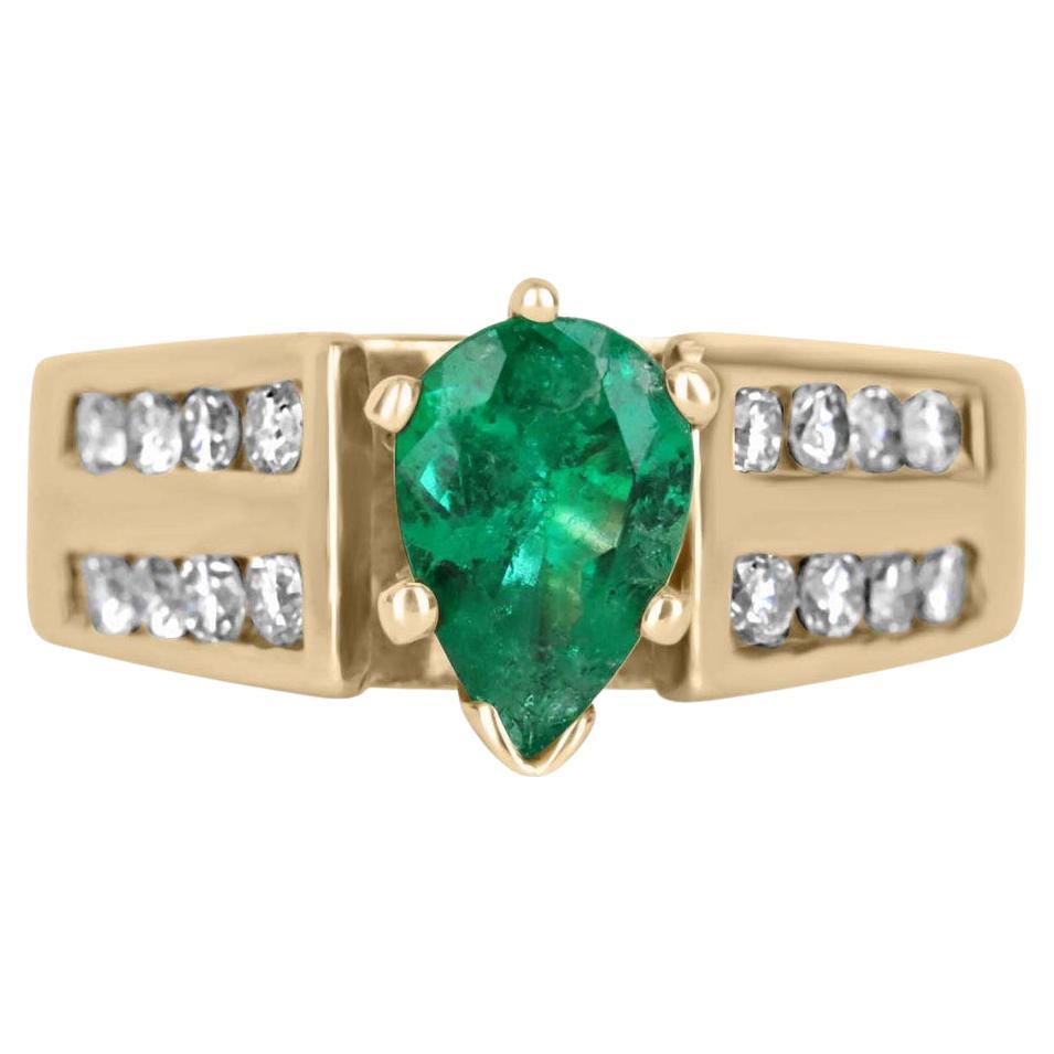 1.28tcw 14K Fine Colombian Emerald Pear & Diamond Cocktail Gold Ring For Sale