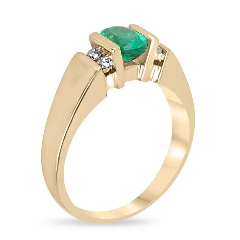 Experience the epitome of elegance with our stunning emerald and diamond five stone ring, boasting a captivating oval-cut emerald tension-set vertically, radiating with a rich green hue and semi-transparent clarity. Flanked by two brilliant
