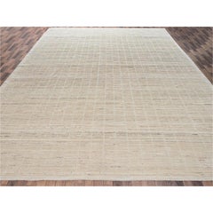 12'8"x20'2" Ivory Hand Knotted Moroccan Weave with Grid Design Pure Wool XL Rug