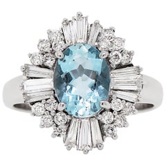 1.29 Carat Aquamarine and Diamond 18 Carat White Gold Ballerina Cluster Ring