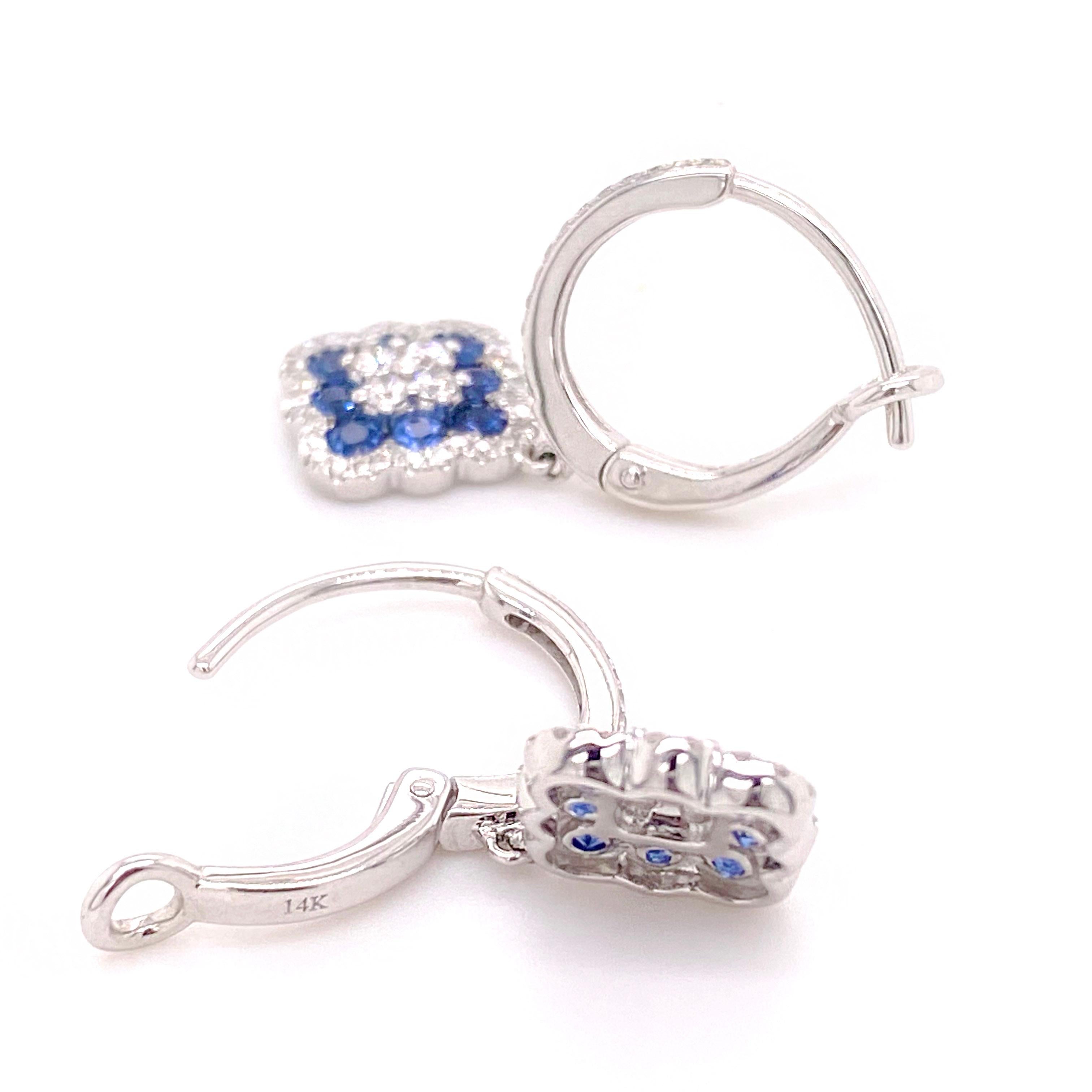 Contemporary 1.29 Carat Clover Sapphire Dangle Earrings w Diamonds 14K White Gold For Sale