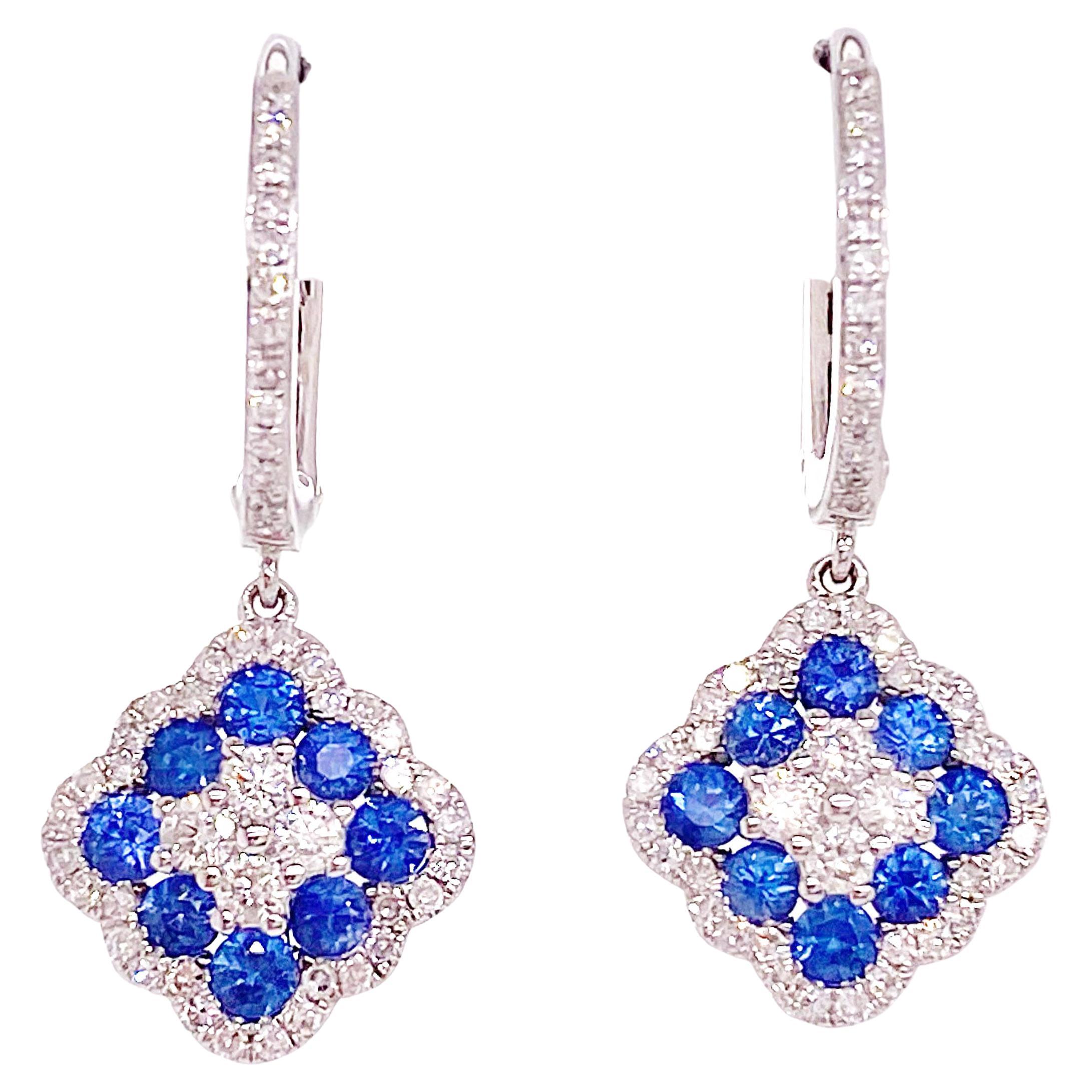 1.29 Carat Clover Sapphire Dangle Earrings w Diamonds 14K White Gold