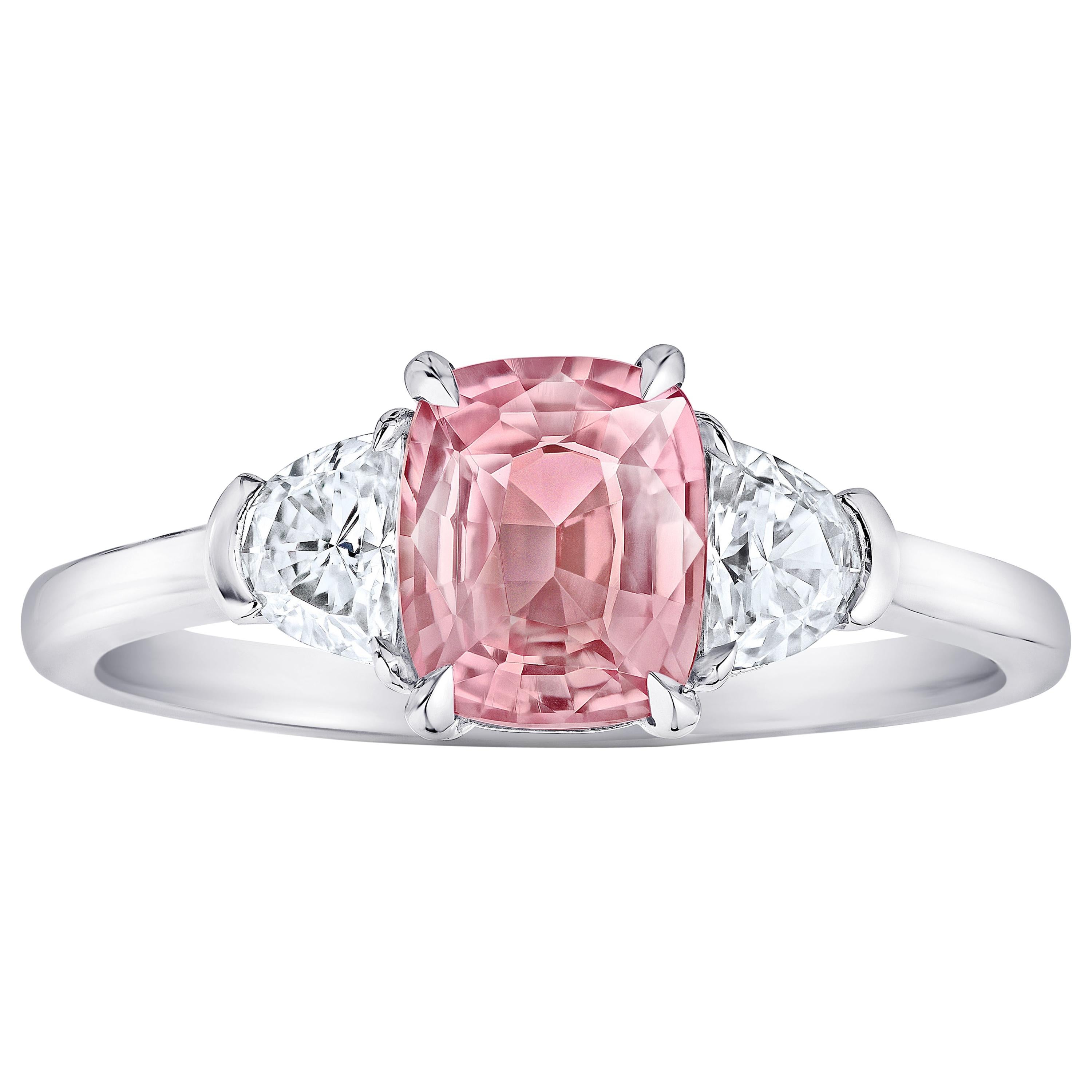 1.29 Carat Cushion Padparadscha Sapphire and Diamond Ring For Sale