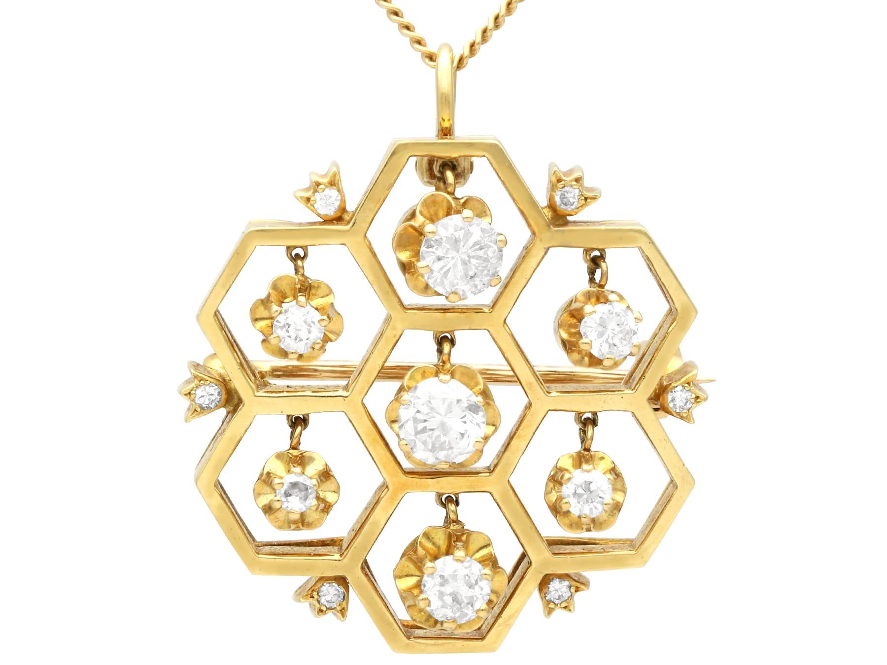 1.29 Carat Diamond and Yellow Gold Honeycomb Pendant / Brooch